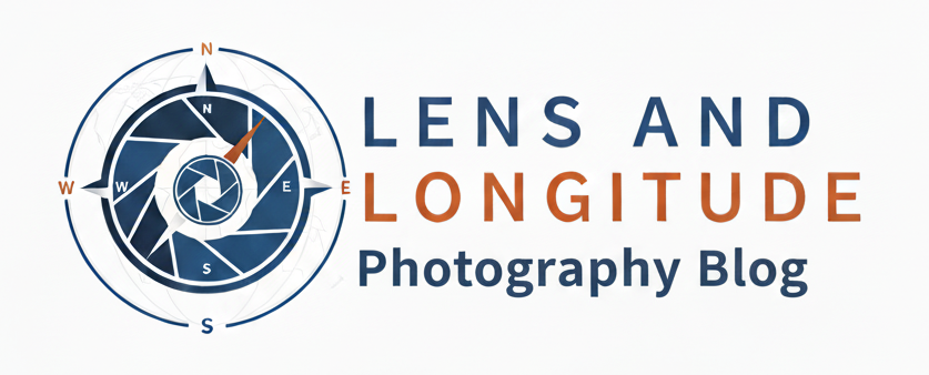 Logo of Lens and Longitude Photography Blog with a compass design.
