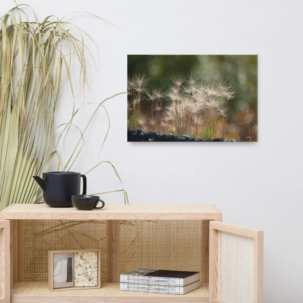 Minimalist living room with modern decor, black teapot, and wall art featuring dandelion seeds