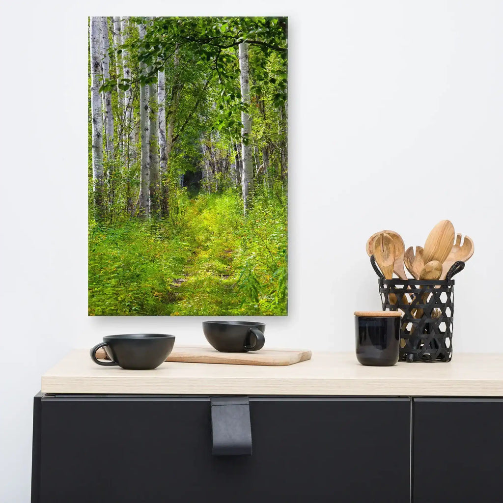 canvas wall art of a lush green forest path with tall birch trees, modern kitchen decor