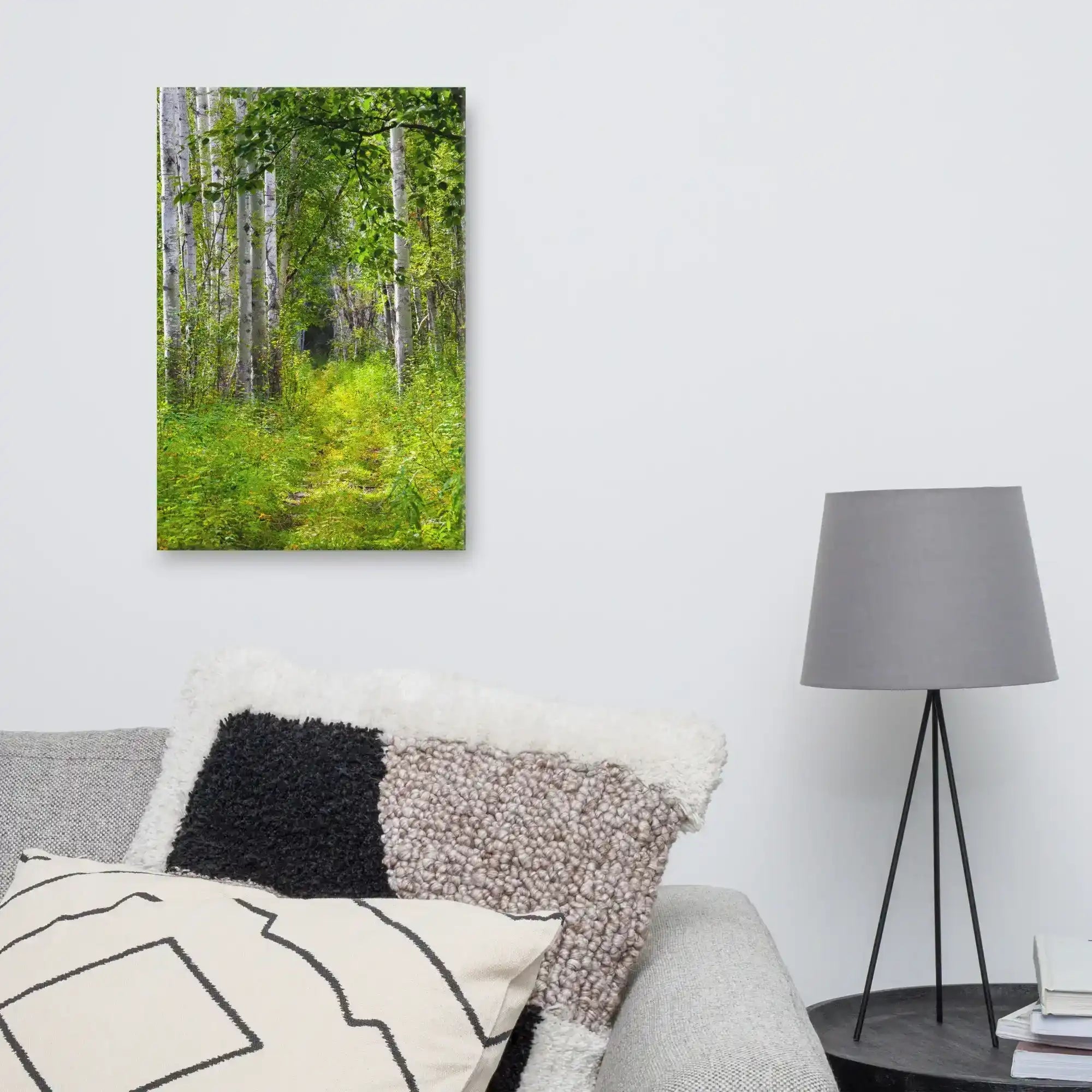 Birch forest canvas wall art with green path, modern living room decor