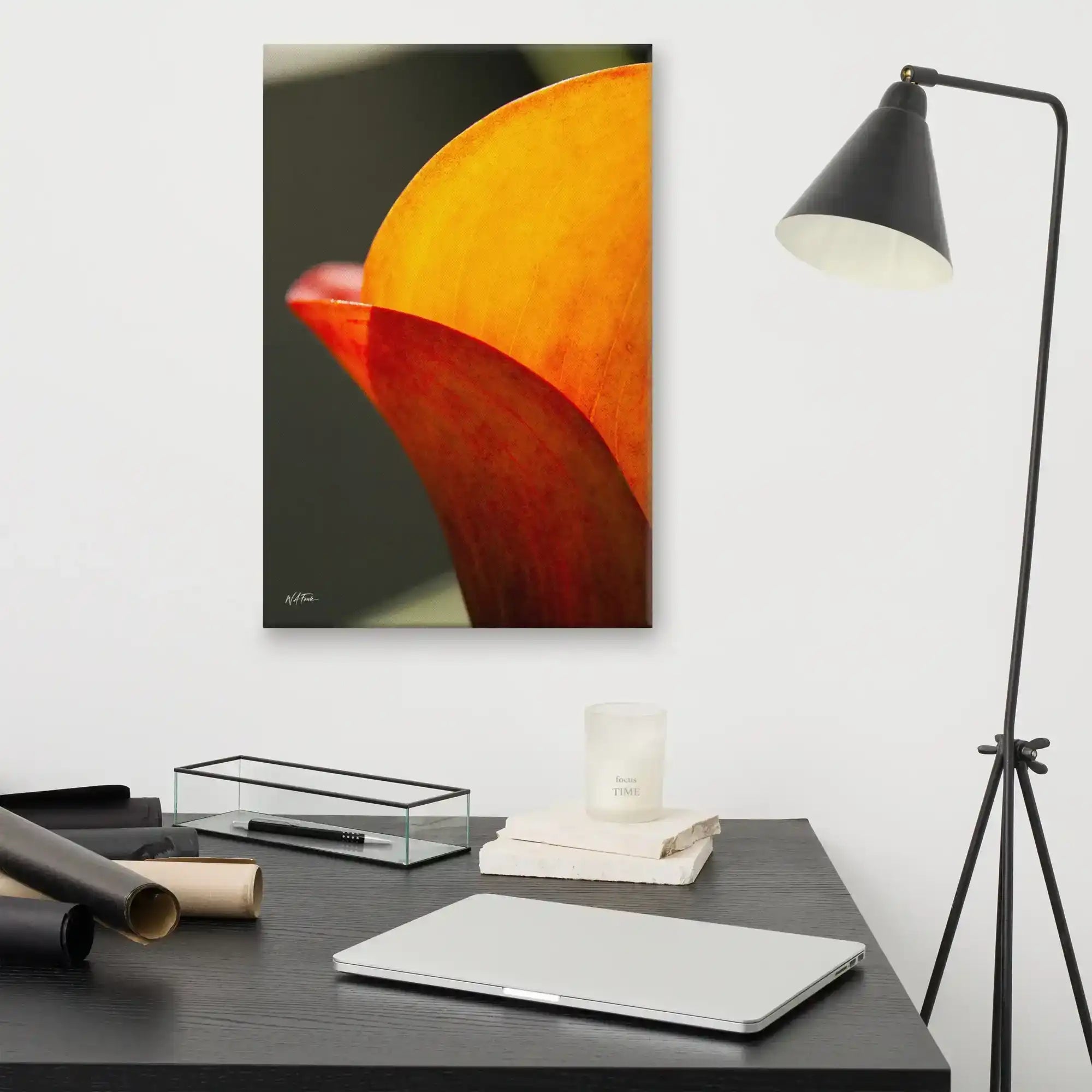 A vertical fine art macro photograph of a Calla Lily petal in shades of vibrant orange and gold. The sunlight filters through the petal, highlighting fine veins and textures against a soft, dark background. The image is presented as a professional gallery-wrapped canvas by Bill Fowle.
