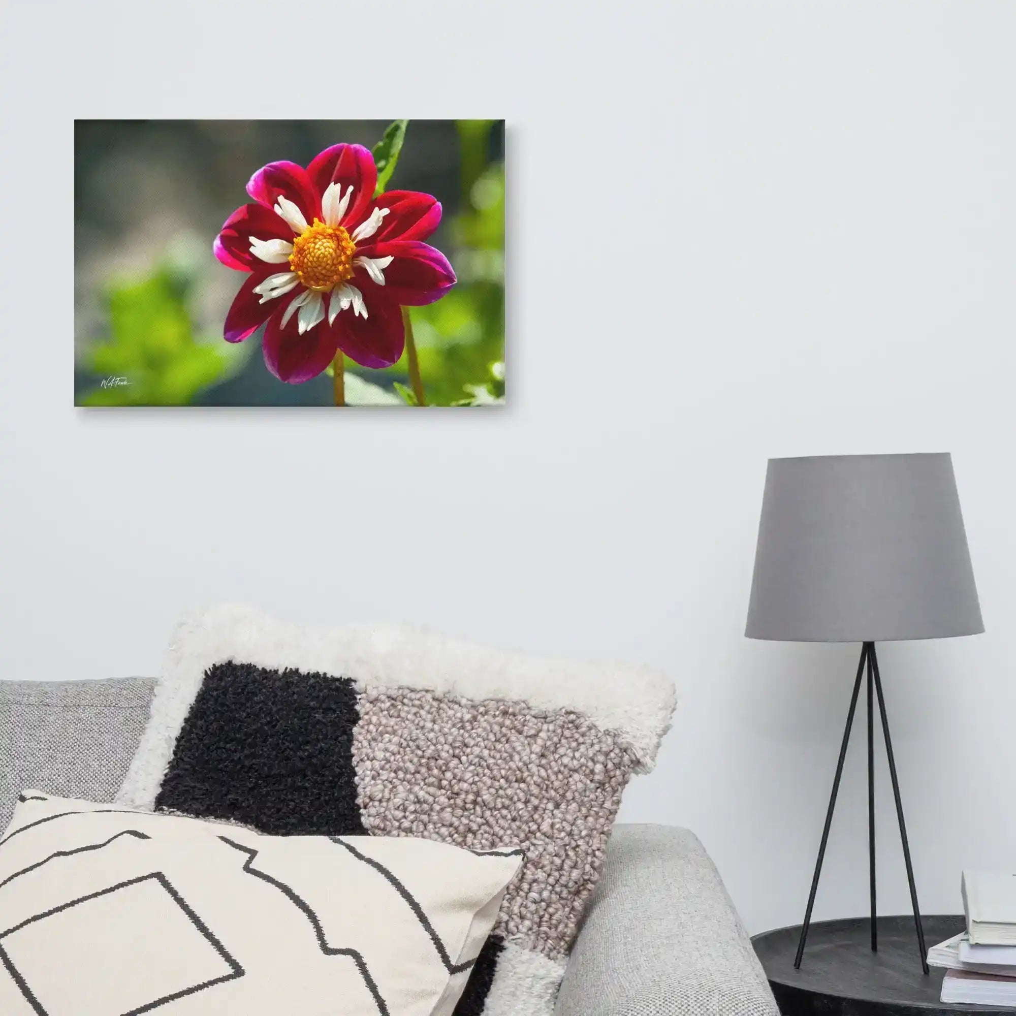 Red and white flower canvas wall art decor in modern living room setting