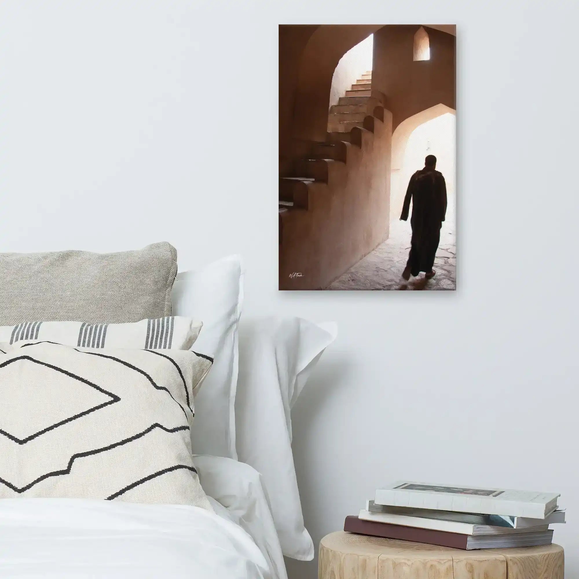 canvas wall art of person walking under archway with staircase, modern bedroom decor