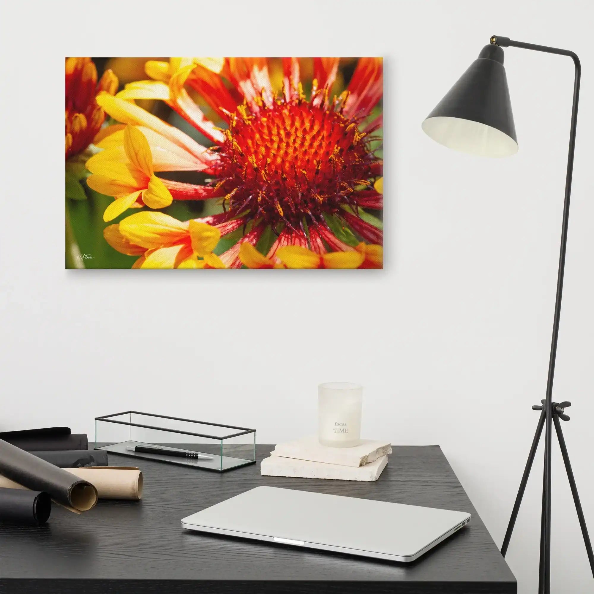 Colorful flower macro canvas wall art above modern desk with lamp