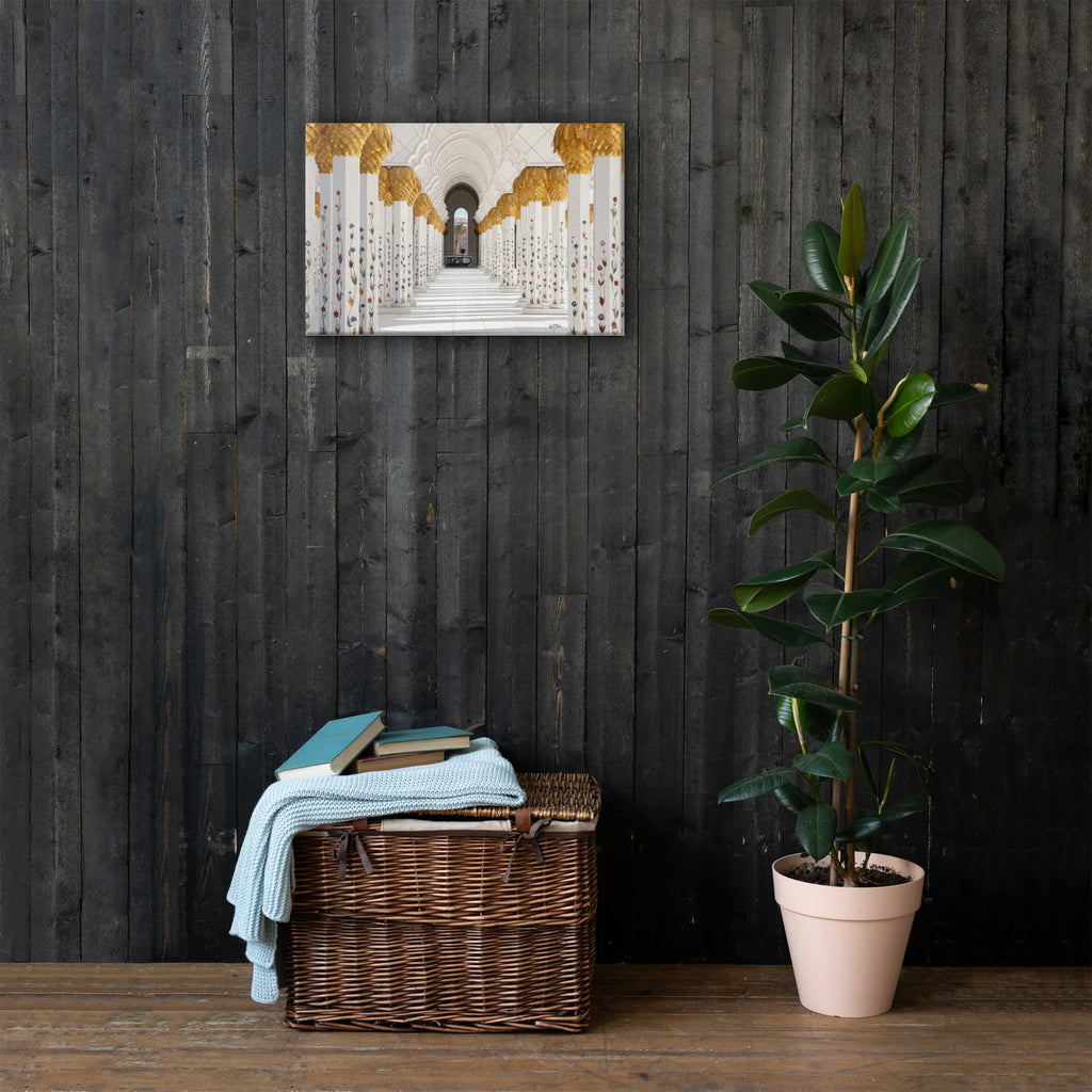 Modern living space with architectural photo canvas on dark wood wall, wicker basket and potted plant