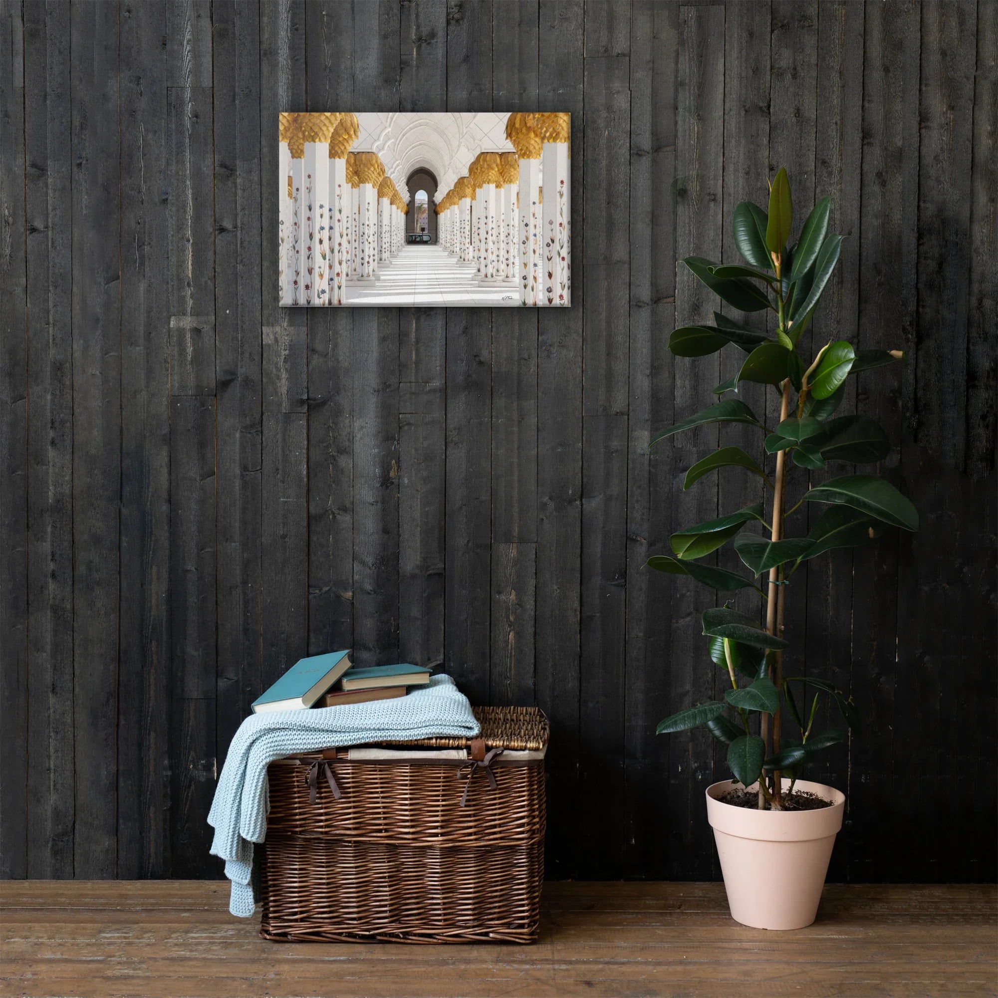 Modern living space with architectural photo canvas on dark wood wall, wicker basket and potted plant
