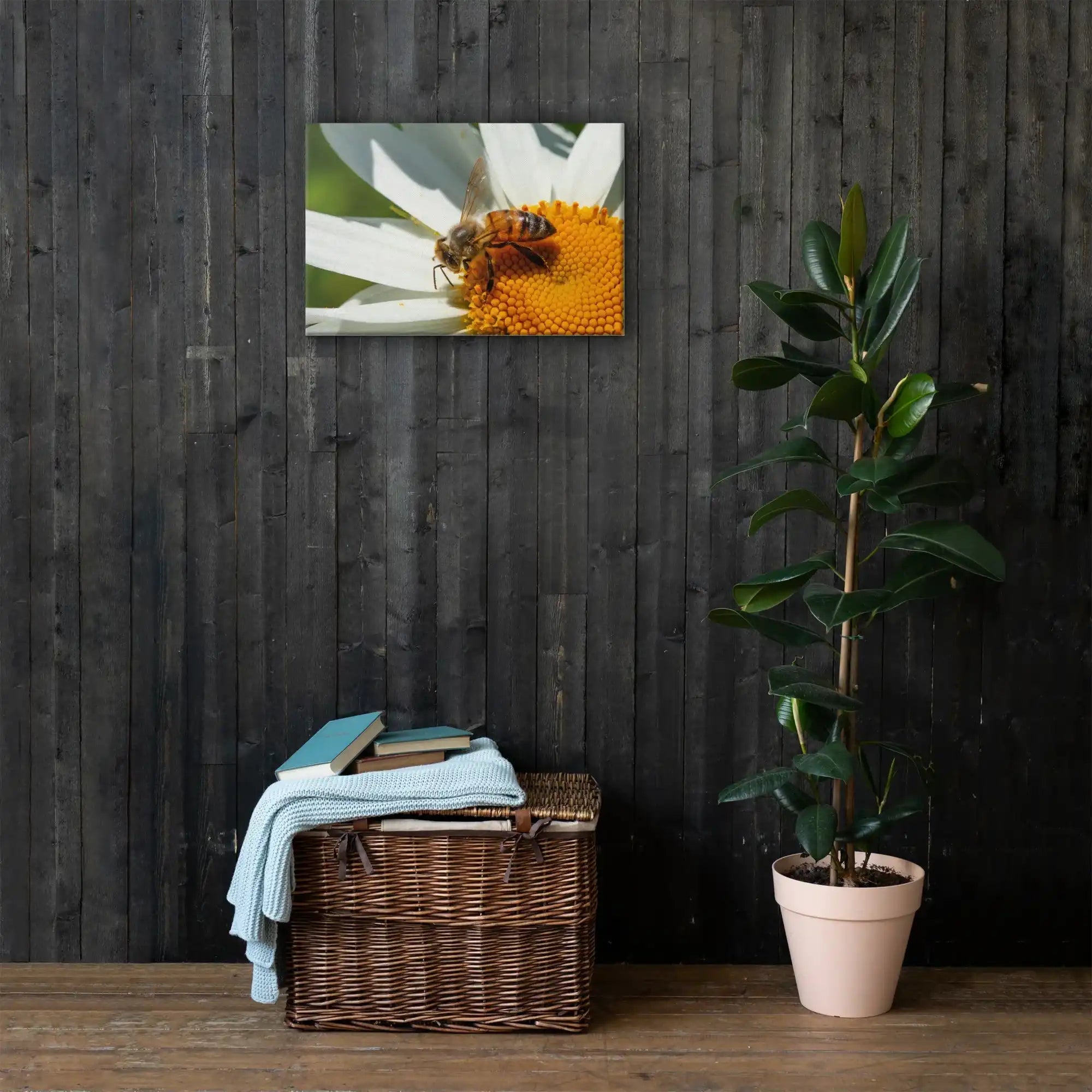 Canvas wall art of bee on daisy in modern living room, wicker basket and houseplant decor