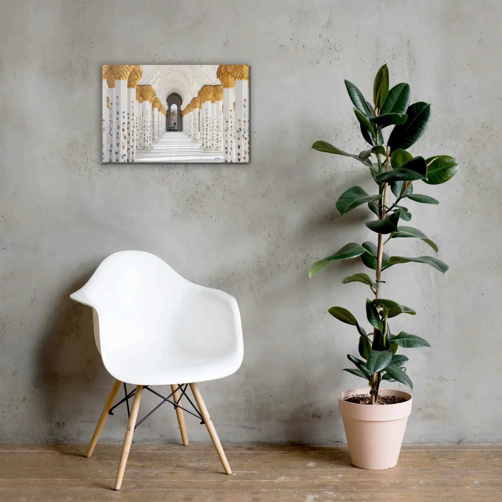 Modern room with white chair, potted plant, and architectural photography wall art print