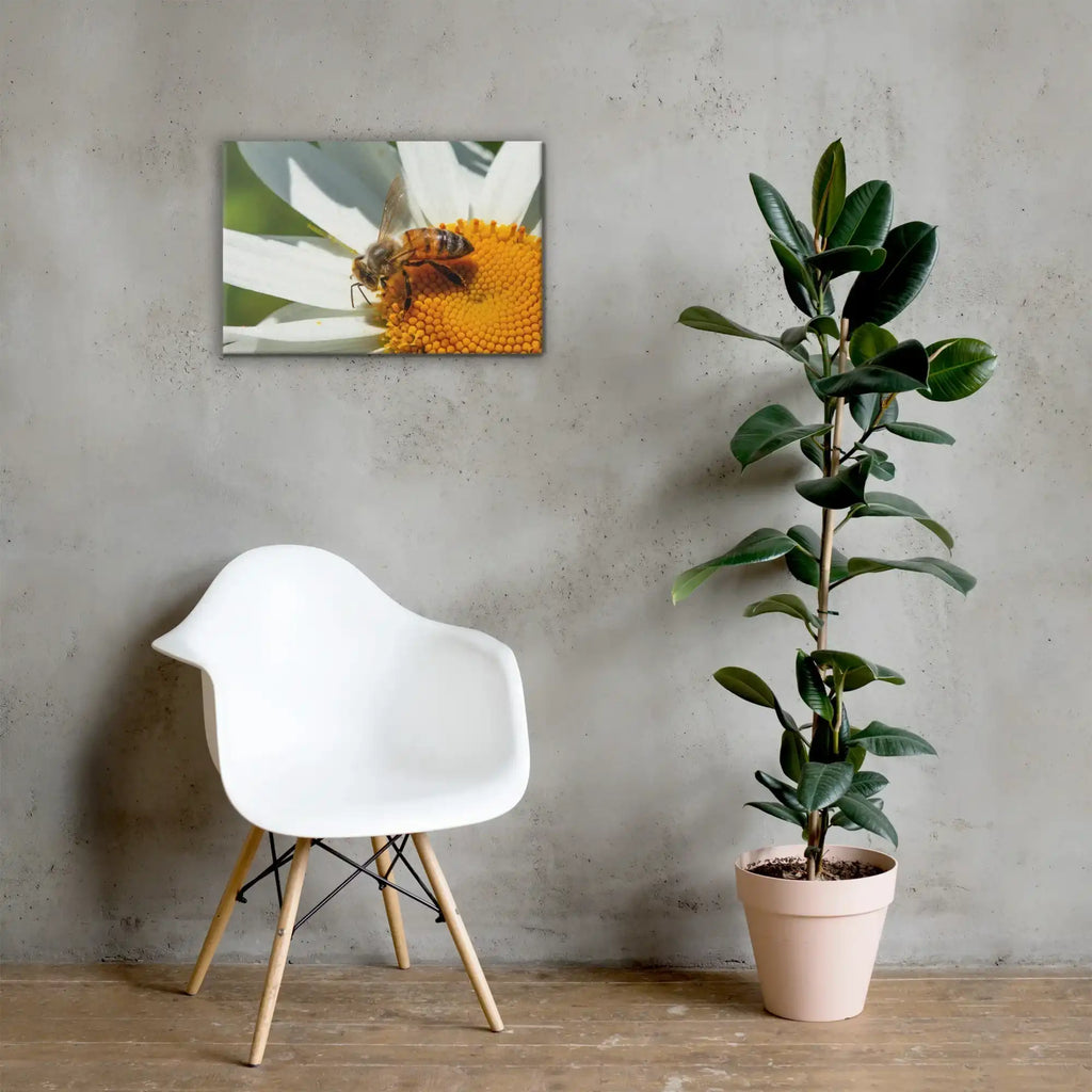 Modern room decor with white chair, potted plant, and bee on daisy canvas wall art