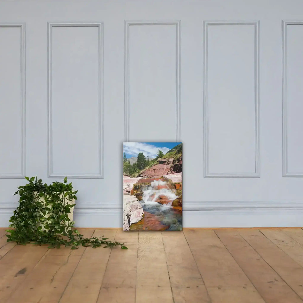 Canvas wall art with waterfall landscape on wood floor, indoor decor by Bill's Photo Shop