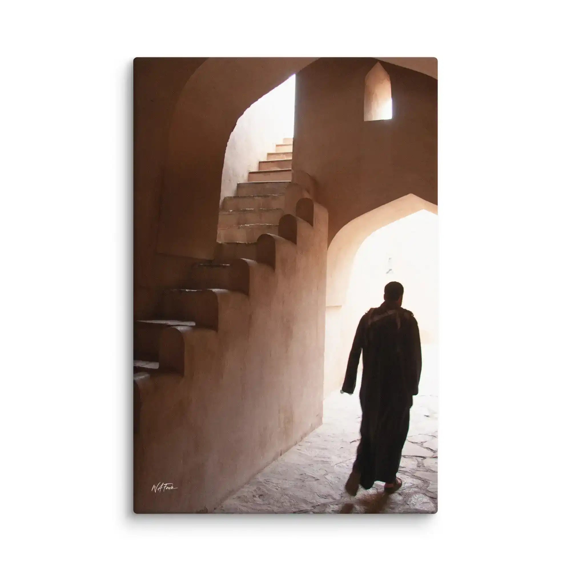 Person walking through a sunlit archway with steps in a warm-toned setting