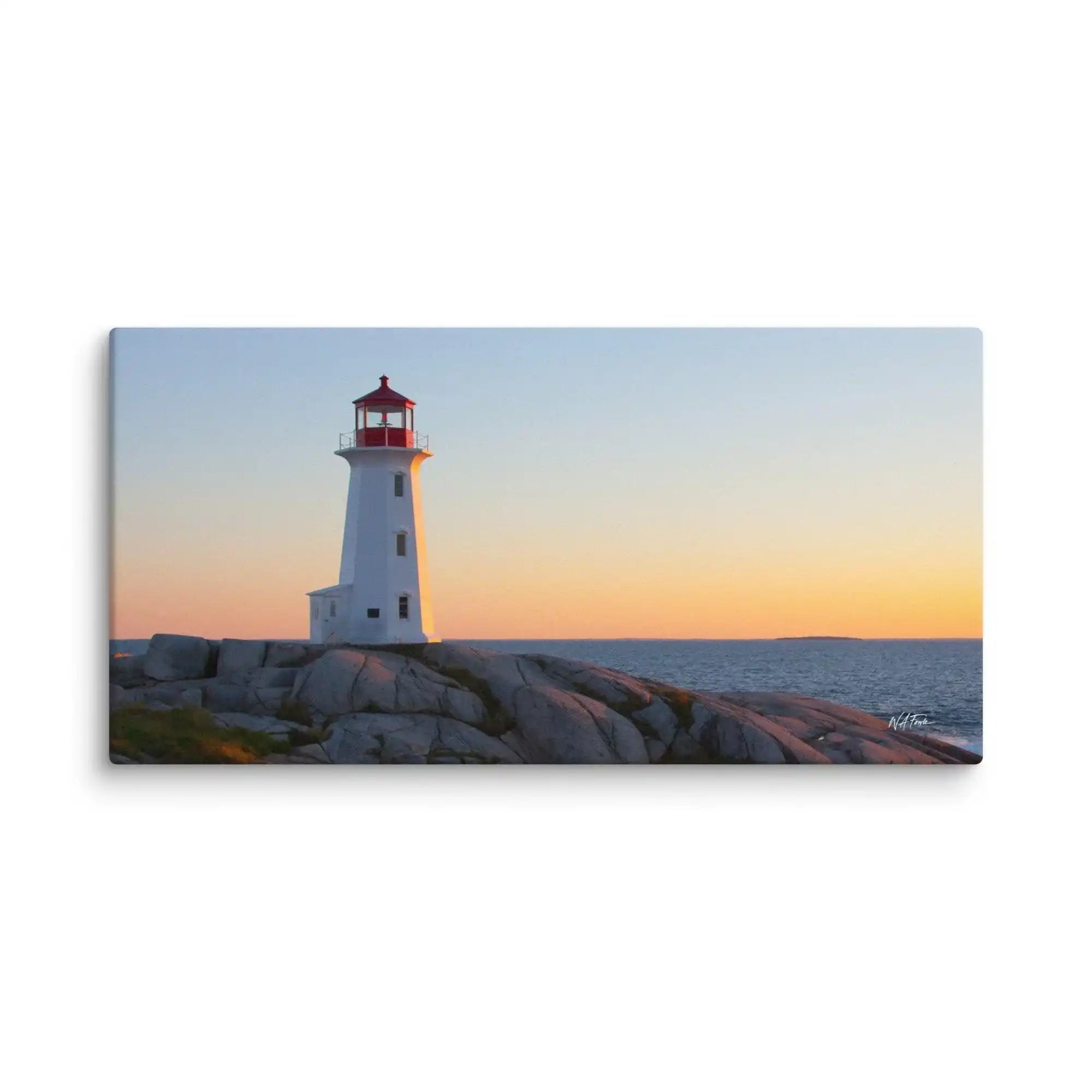 Lighthouse on rocky coast at sunset, ocean photography wall art from Bill's Photo Shop