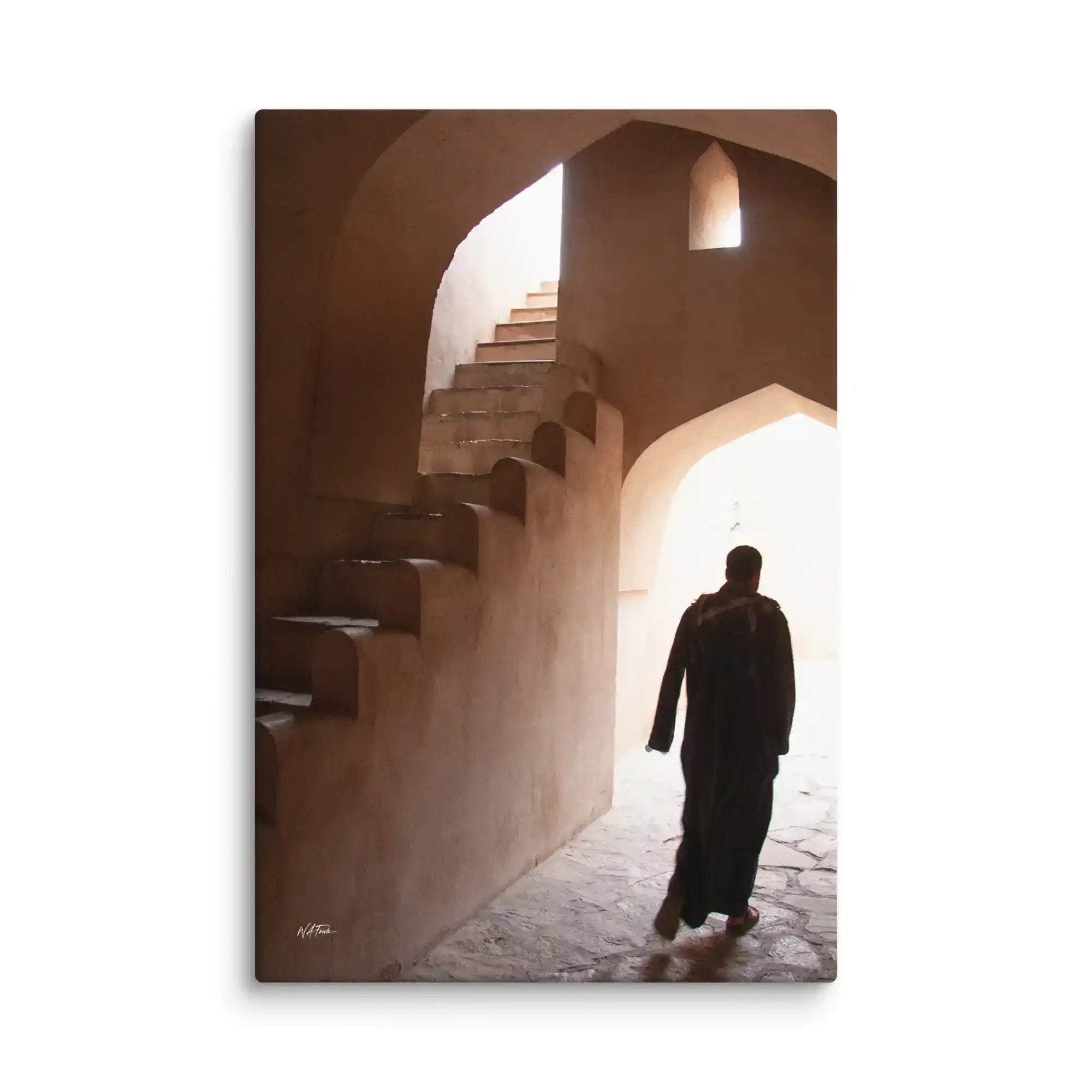 Person walking through a sunlit archway with steps in a warm-toned setting