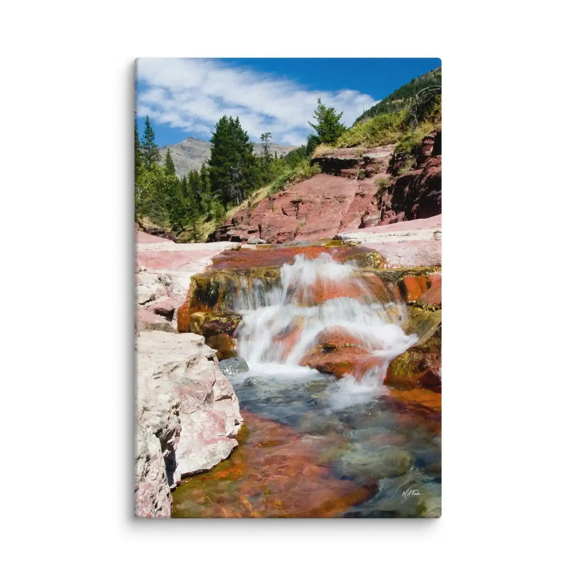 Waterfall canvas print with red rocks, pine trees, and mountains from Bill's Photo Shop