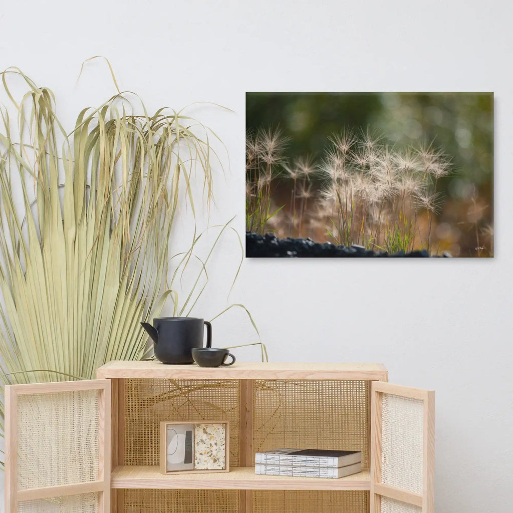 Canvas wall art featuring close-up photograph of wild grass with soft natural lighting, modern home decor