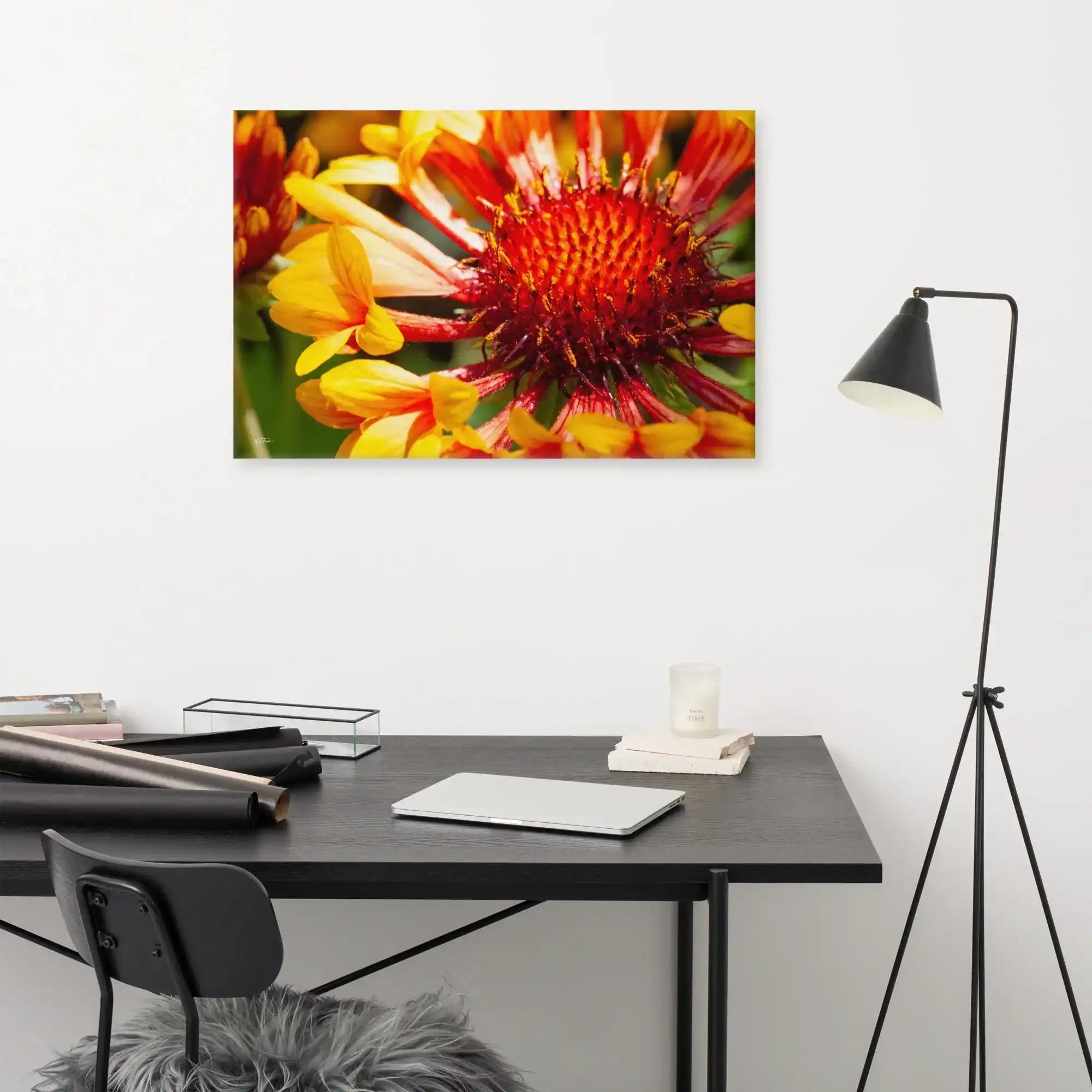Vibrant close-up flower photography canvas wall art above modern desk workspace