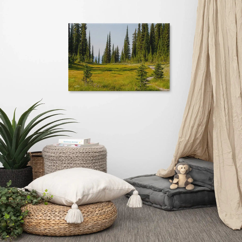 Forest meadow wall art print with evergreen trees, perfect for nature-themed home decor and cozy living spaces.