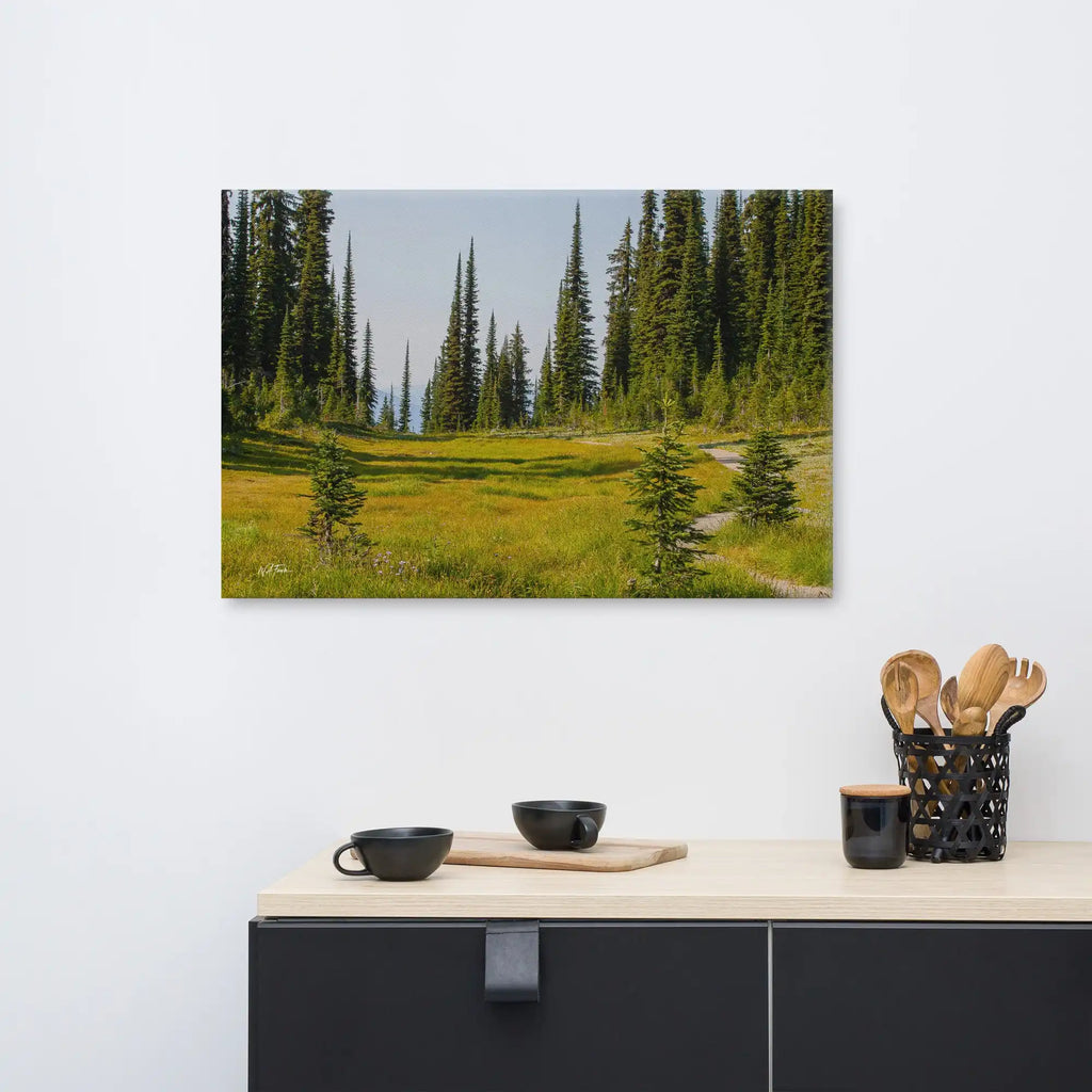 Forest landscape canvas art with tall pines and grassy meadow, perfect for home decor
