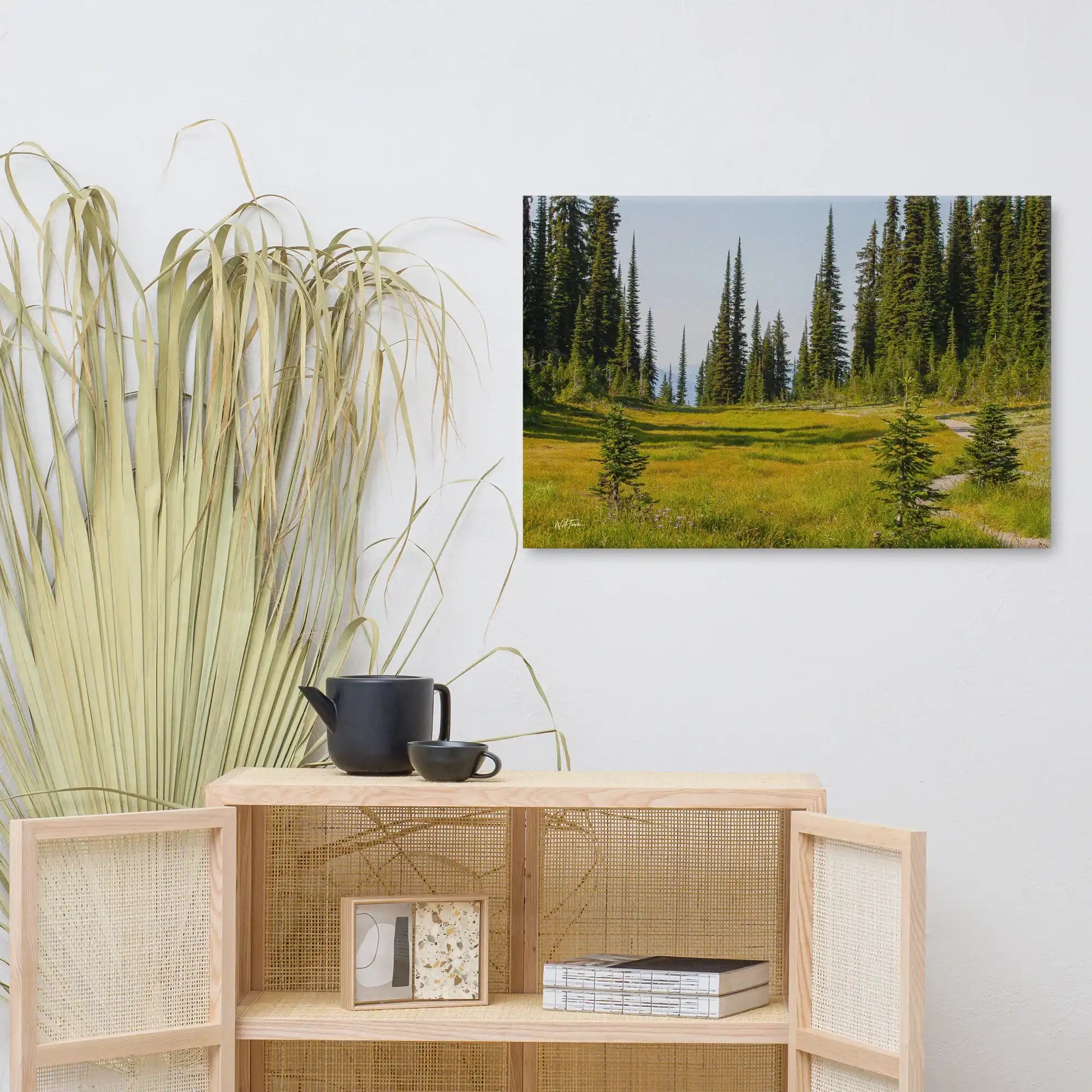 Forest landscape wall art with tall pines and grassy meadow, perfect for home decor
