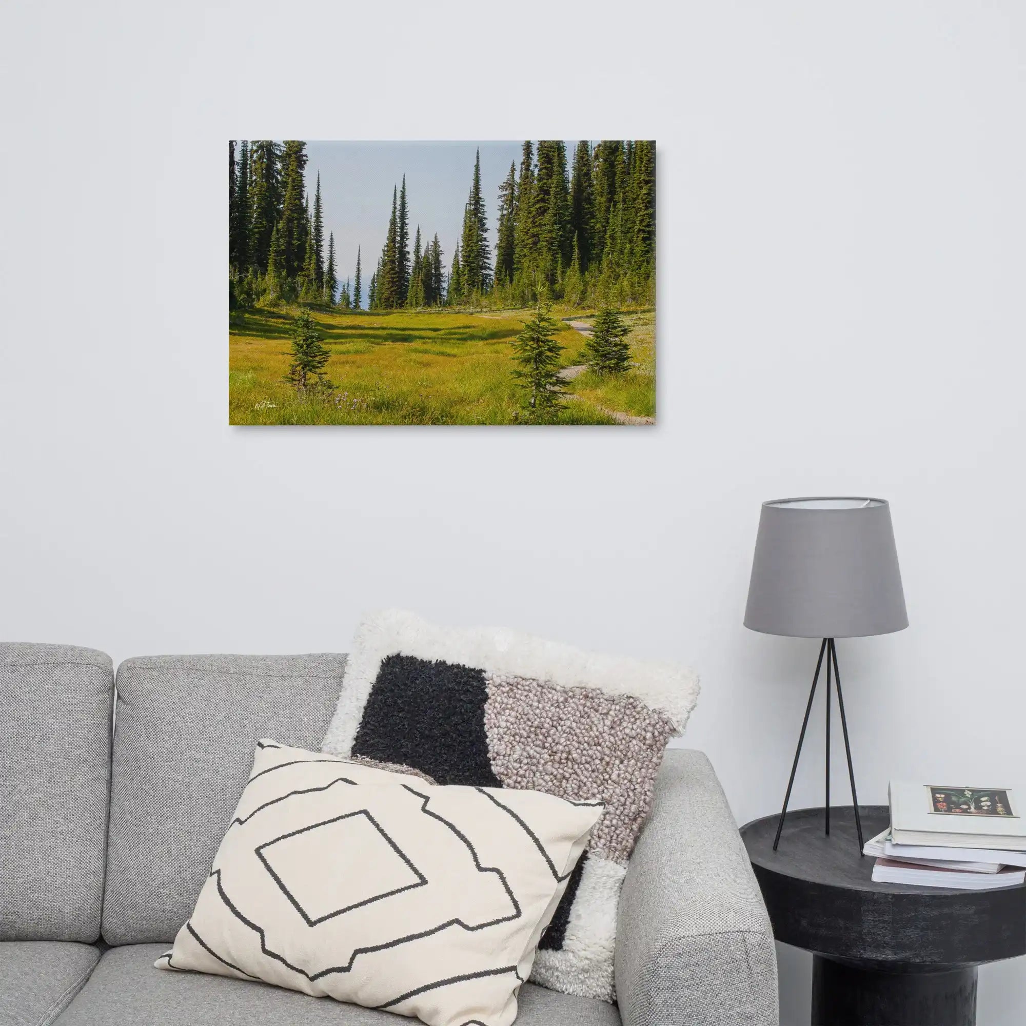 Forest landscape wall art with green meadow and tall pine trees for modern home decor