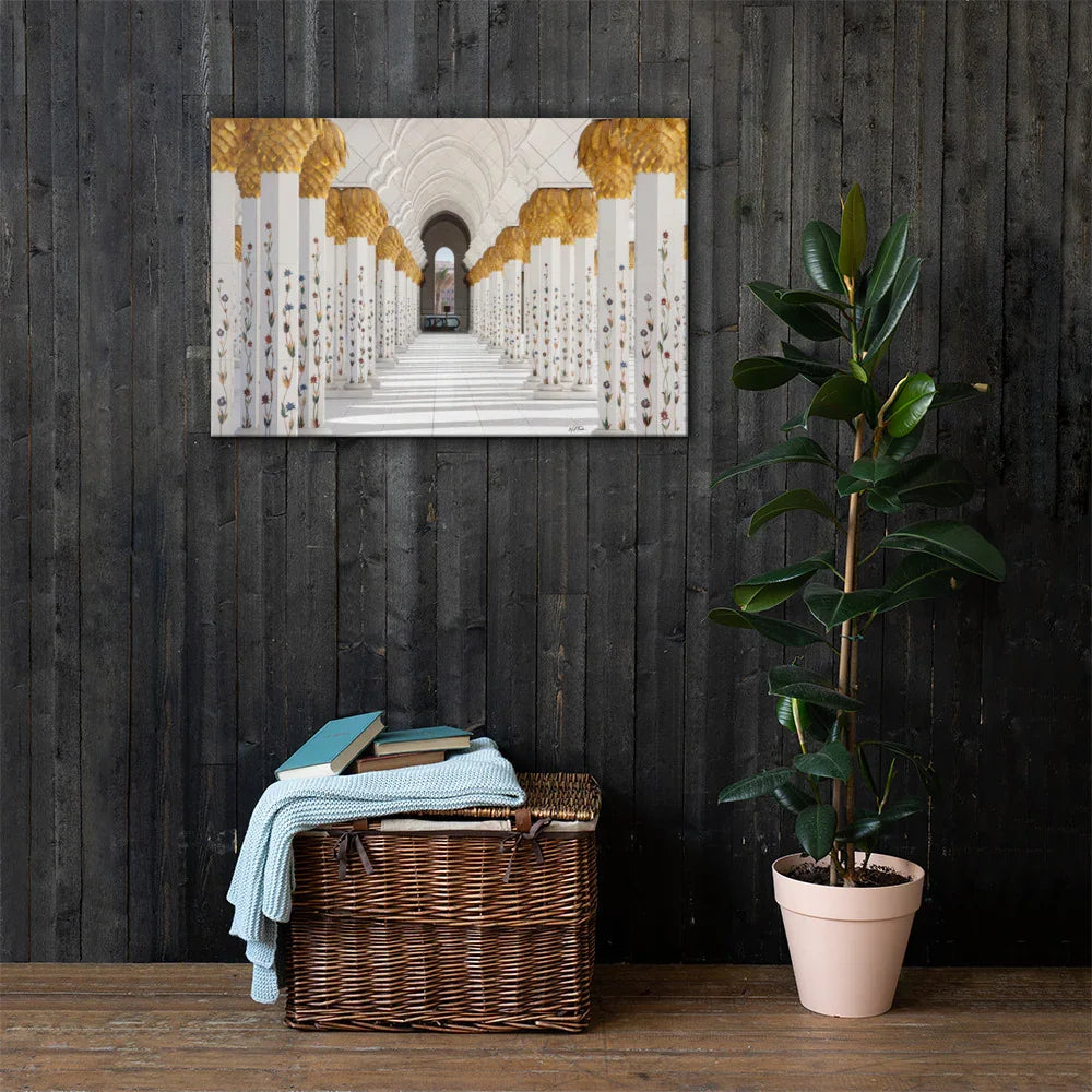 Elegant hallway photography canvas wall art displayed in rustic home decor setting with plant and basket.