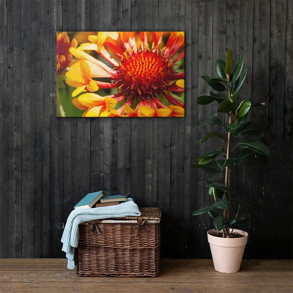 Close-up flower photography canvas wall art in modern living room with plant and basket