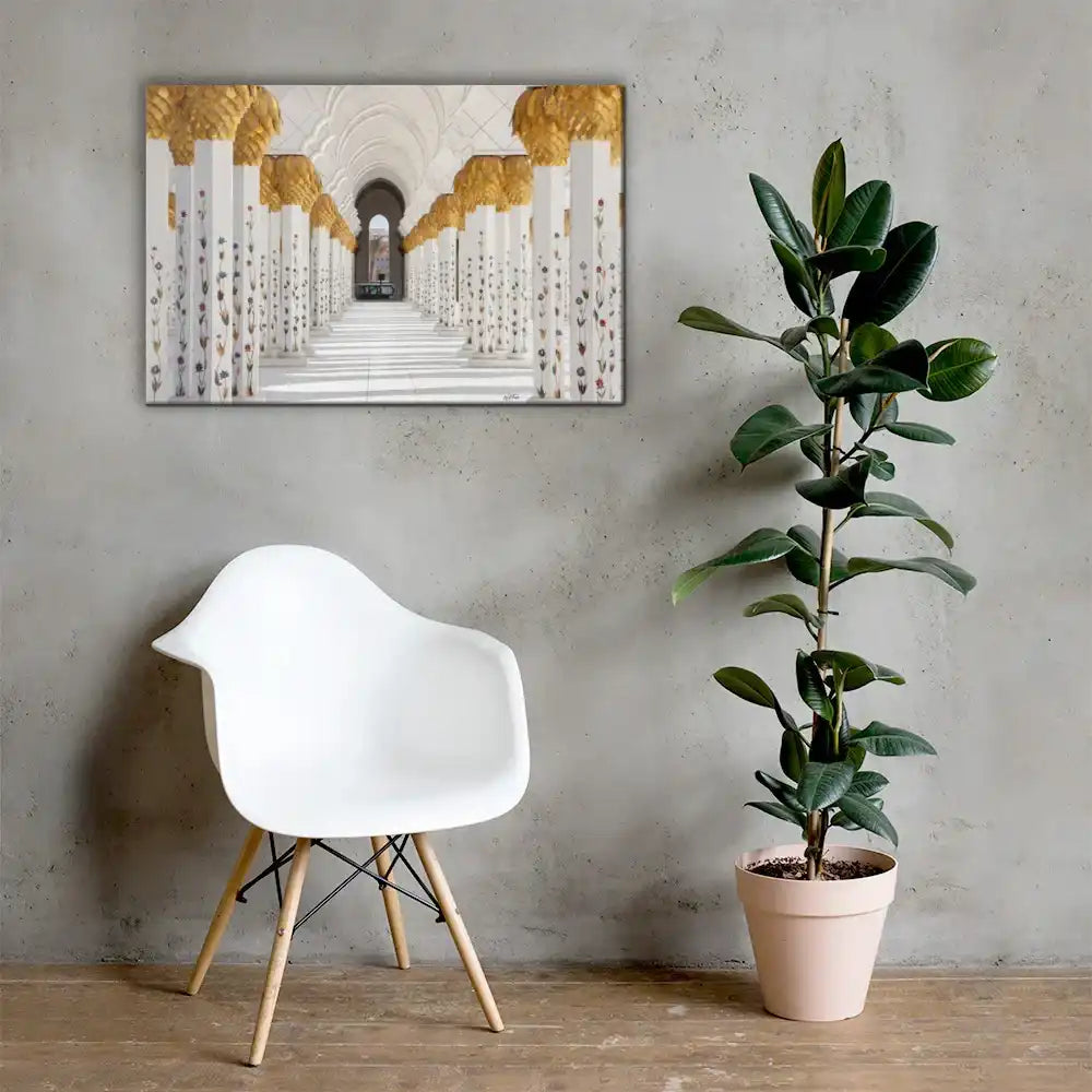 Modern room with white chair, potted plant, and architectural photography canvas wall art