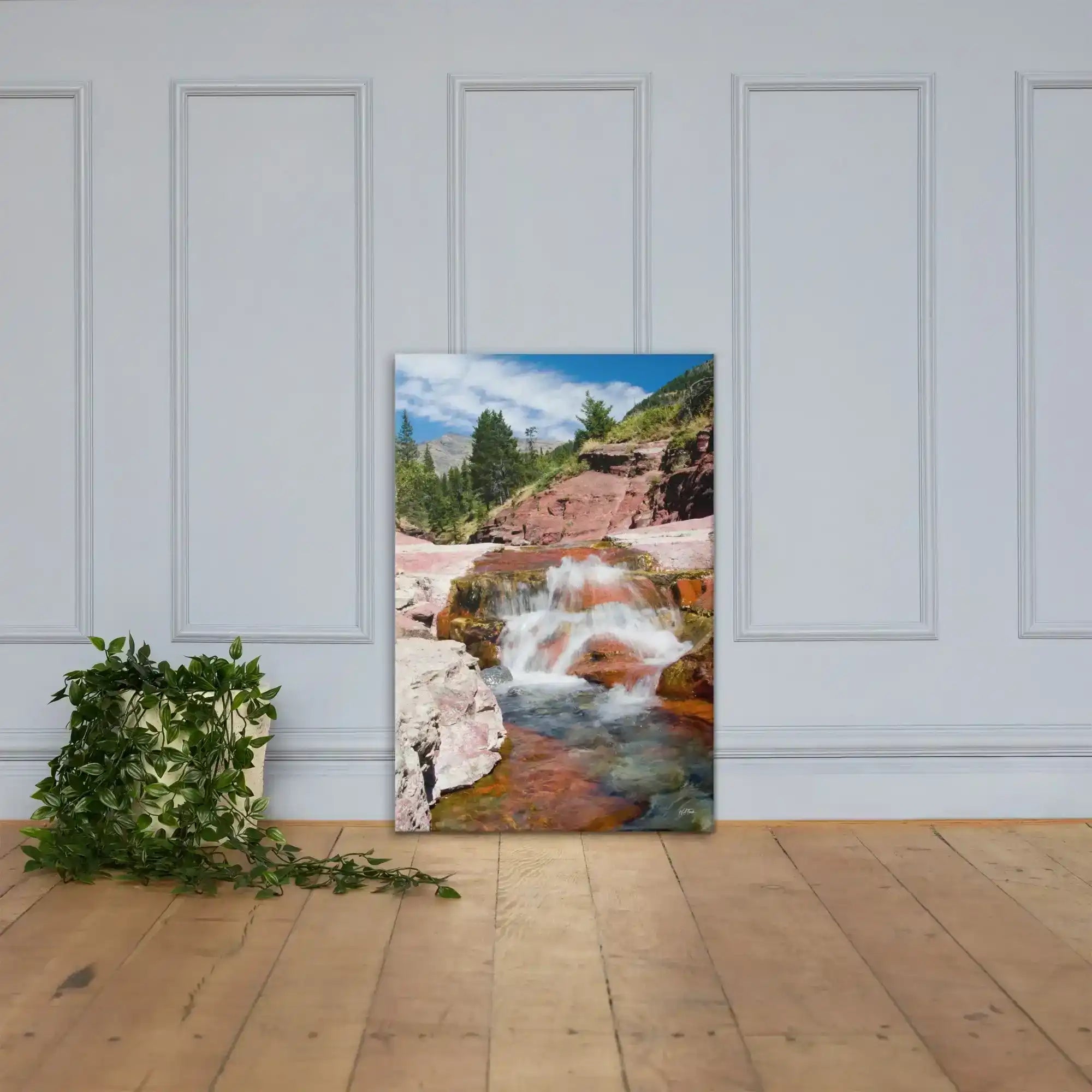 Nature waterfall canvas wall art with rocky stream on wood floor, Bill's Photo Shop
