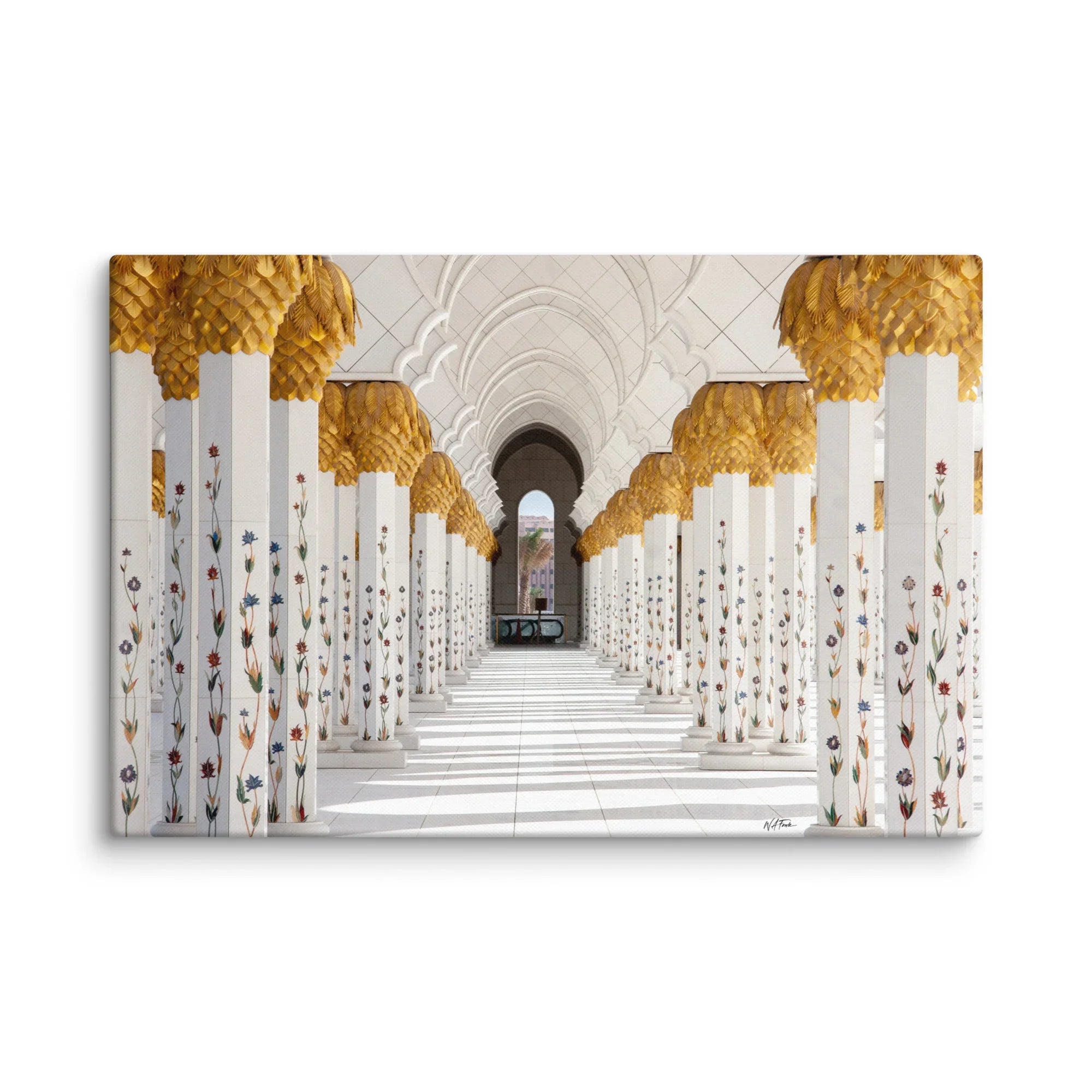 Elegant architectural photo wall art with white columns, gold accents, and floral details.