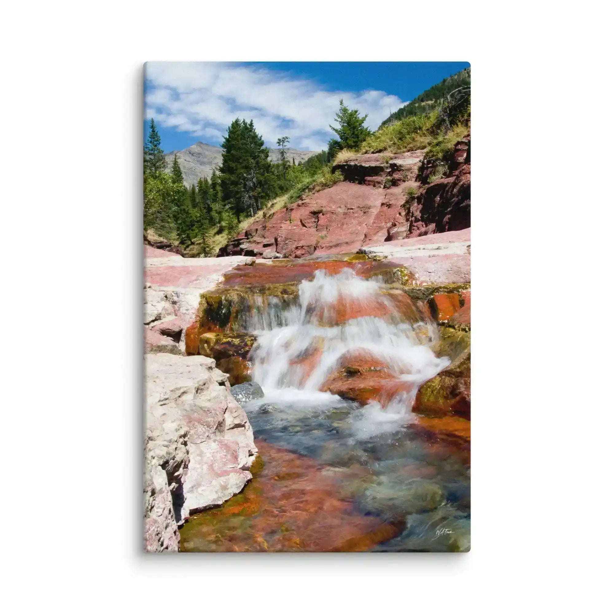 Colorful rocky stream waterfall canvas print with pine trees and blue sky, Bill's Photo Shop decor