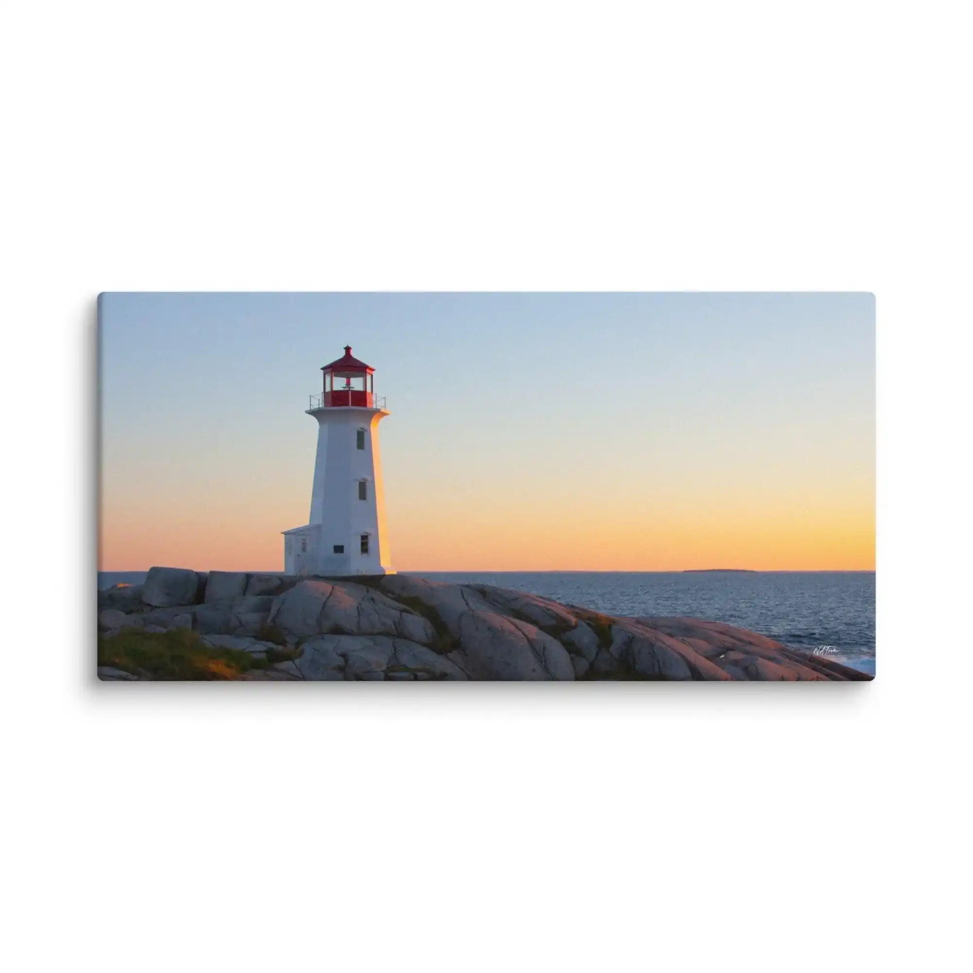 Coastal lighthouse on rocky shore at sunset, professional wall art from Bill's Photo Shop