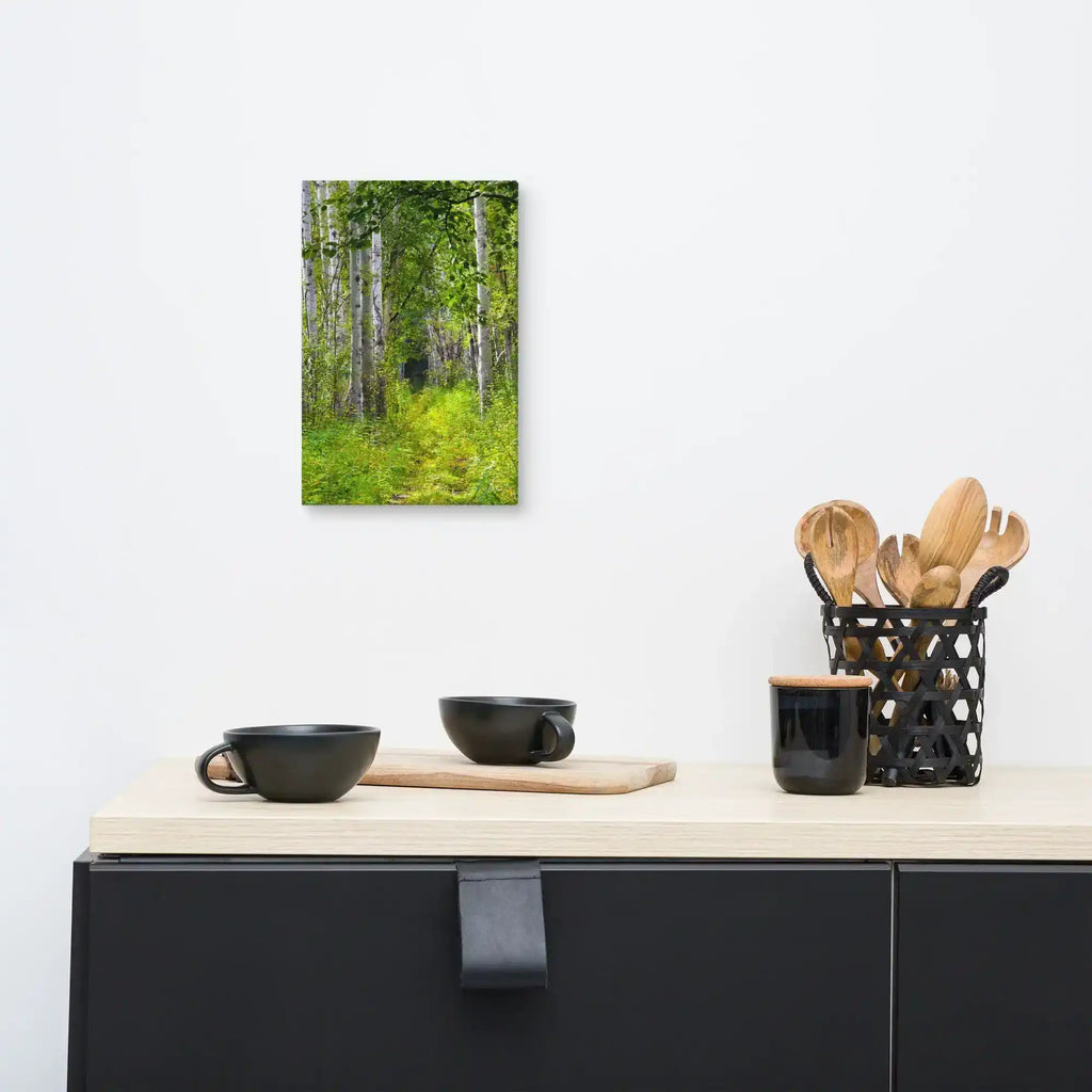 Wall art canvas with lush green forest pathway photography, modern kitchen decor setting