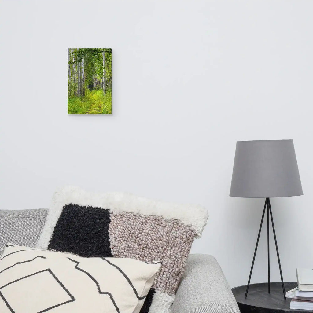 forest path canvas wall art with birch trees in a modern living room decor setting