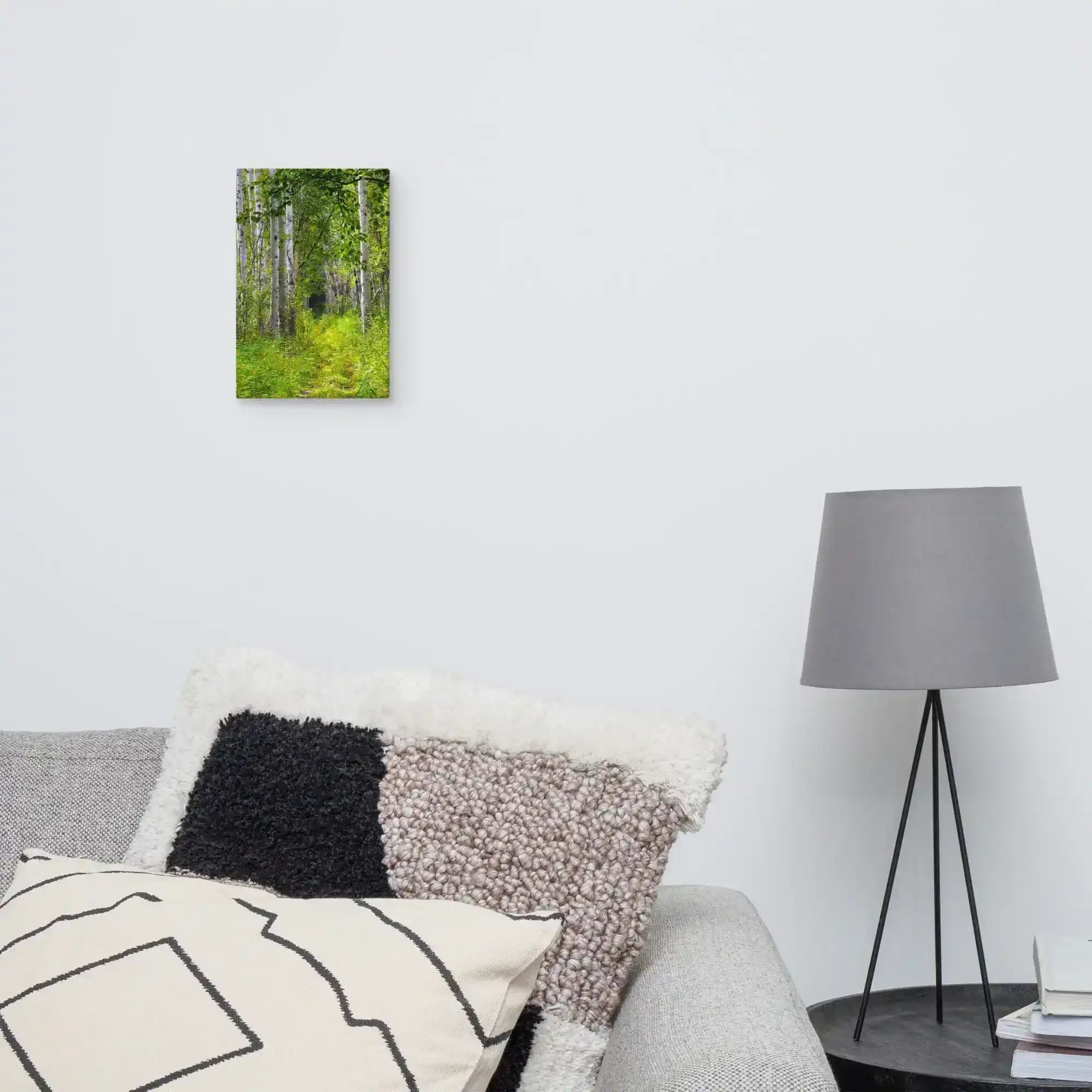 forest path canvas wall art with birch trees in a modern living room decor setting