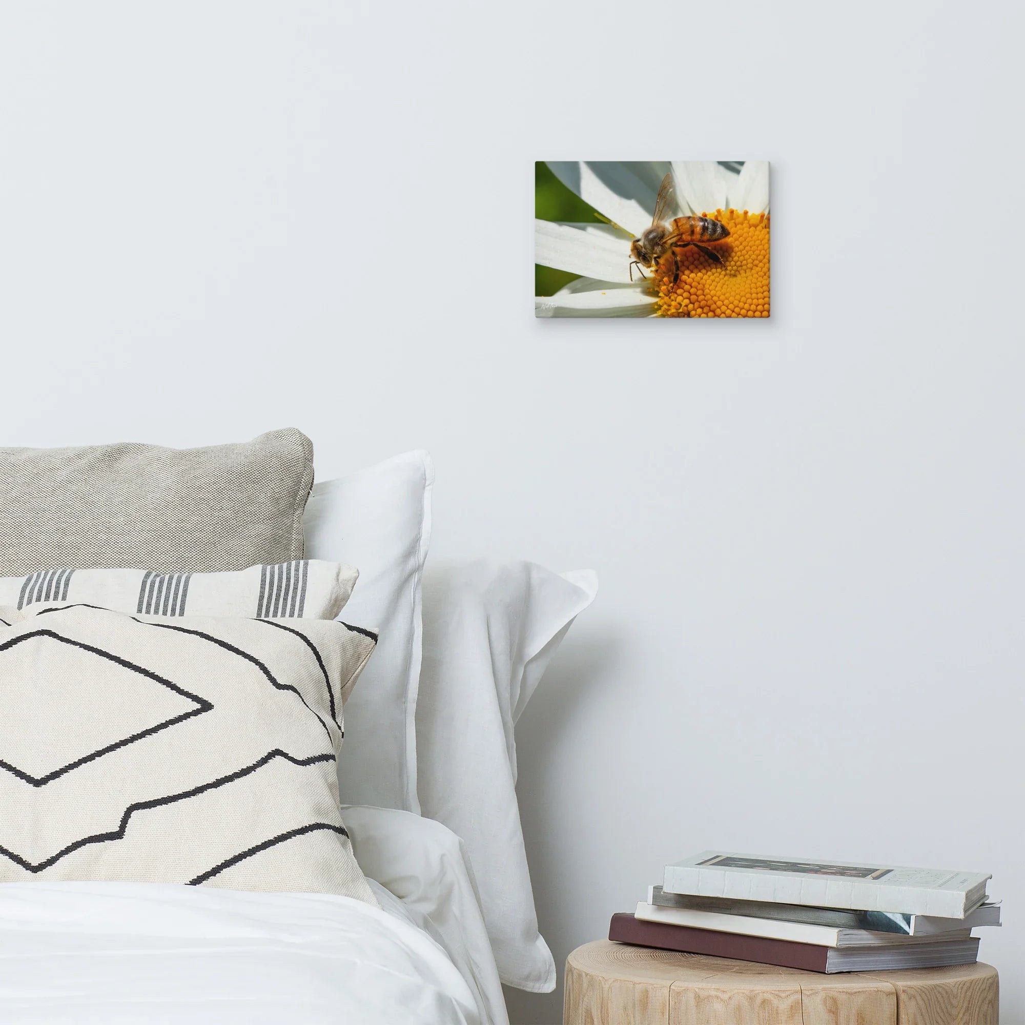 Bee on daisy flower canvas wall art in modern bedroom decor