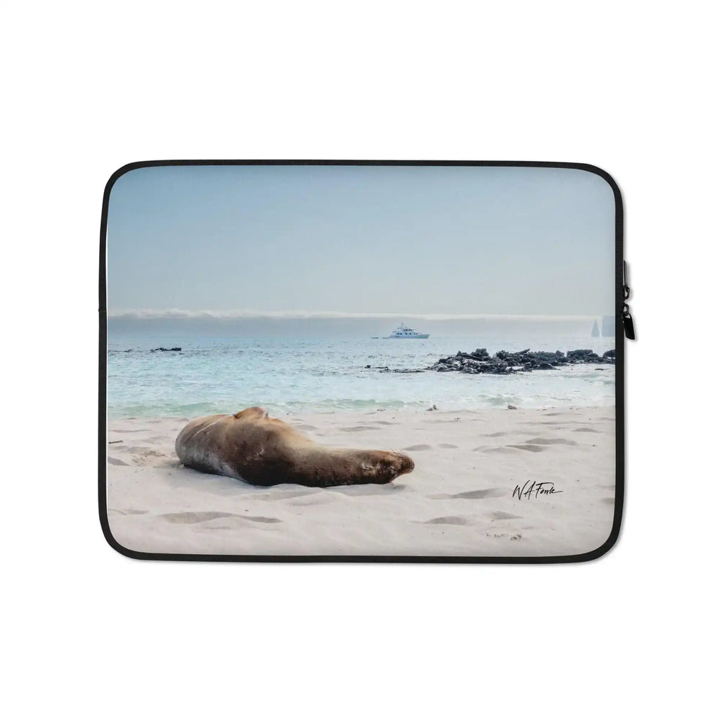 Laptop sleeve with sea lion on sandy beach, ocean background, Bill's Photo Shop premium print