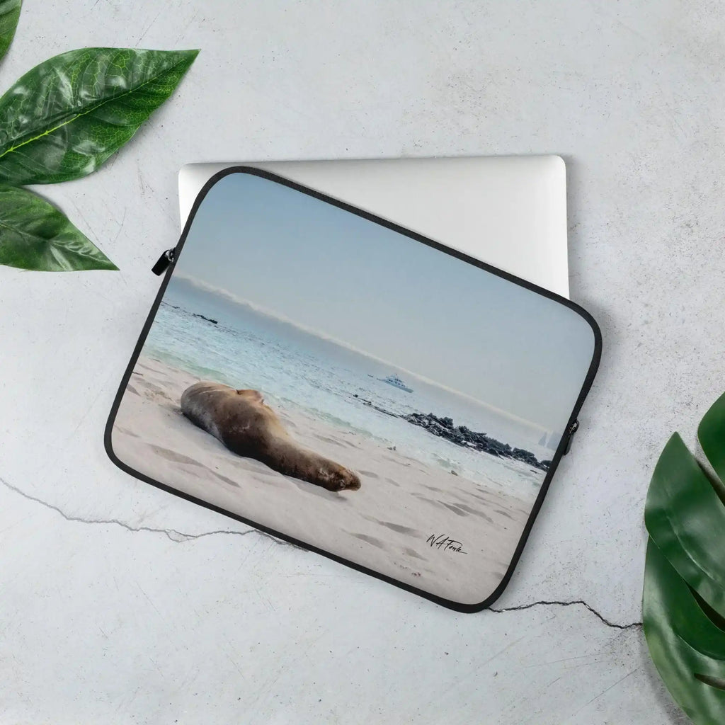Laptop sleeve with beach and sea lion photo, Bill's Photo Shop premium photography gift