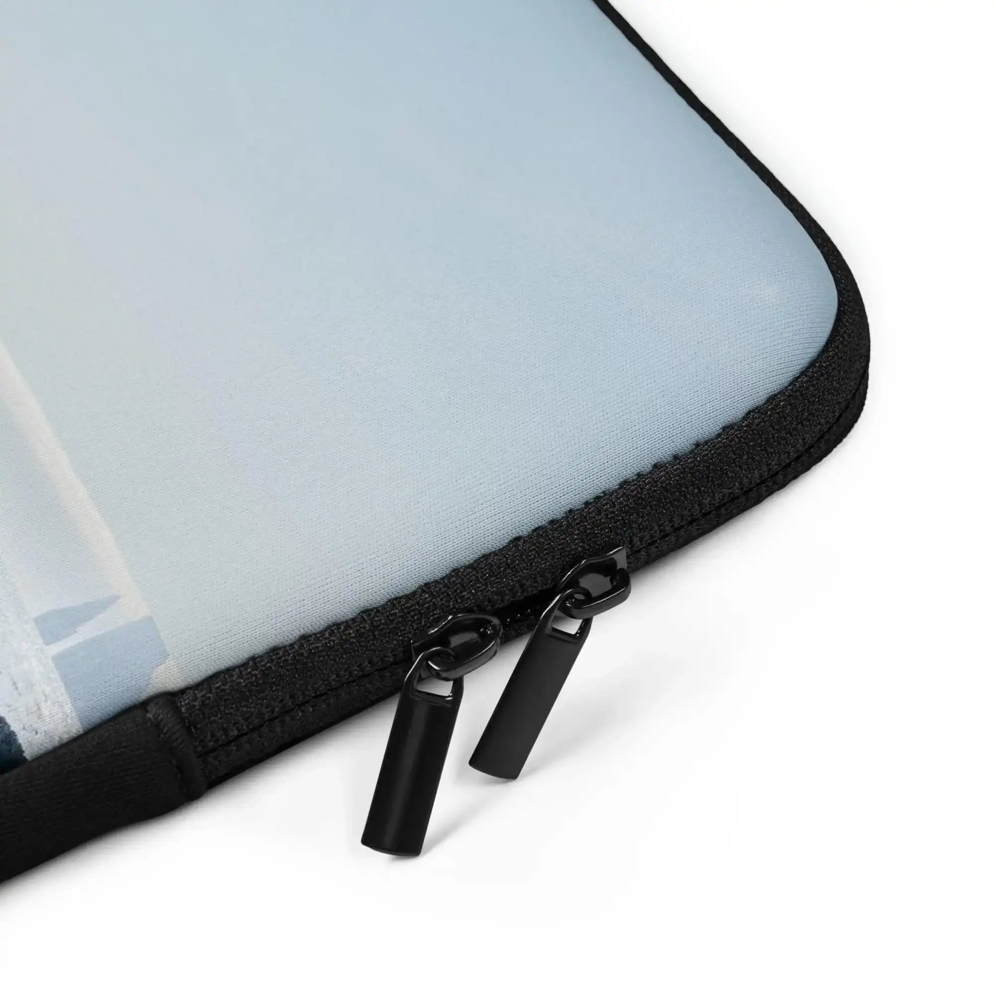 Close-up of a 13-inch laptop sleeve with black zippers and subtle photo print, Bill's Photo Shop