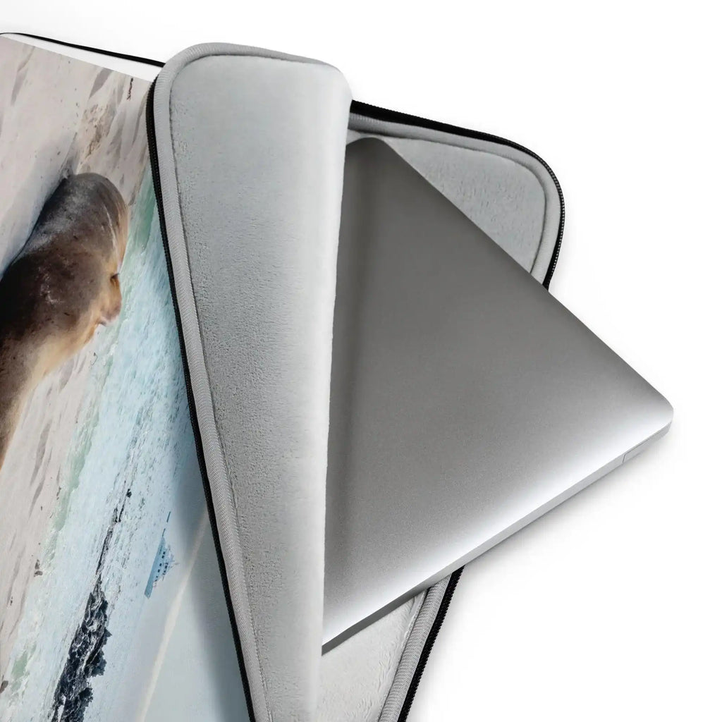 Protective laptop sleeve with sea lion beach photo, soft lining, modern design