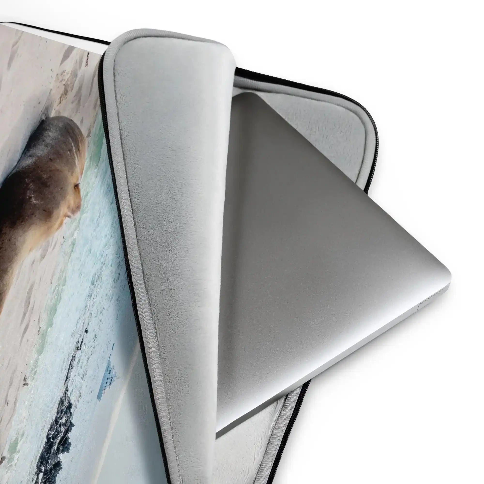 Protective laptop sleeve with sea lion beach photo, soft lining, modern design