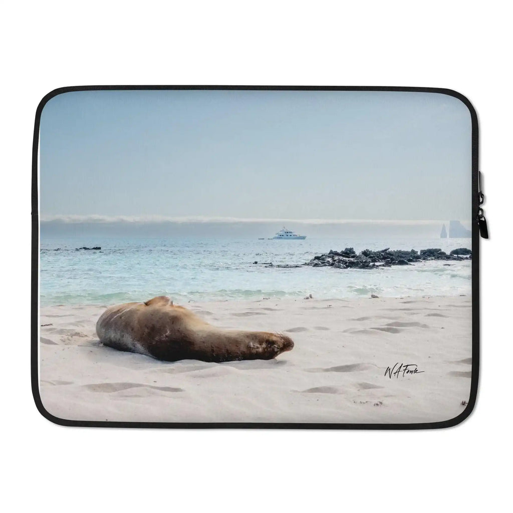 15-inch laptop sleeve with sea lion photo on sandy beach, Bill's Photo Shop premium printed gift