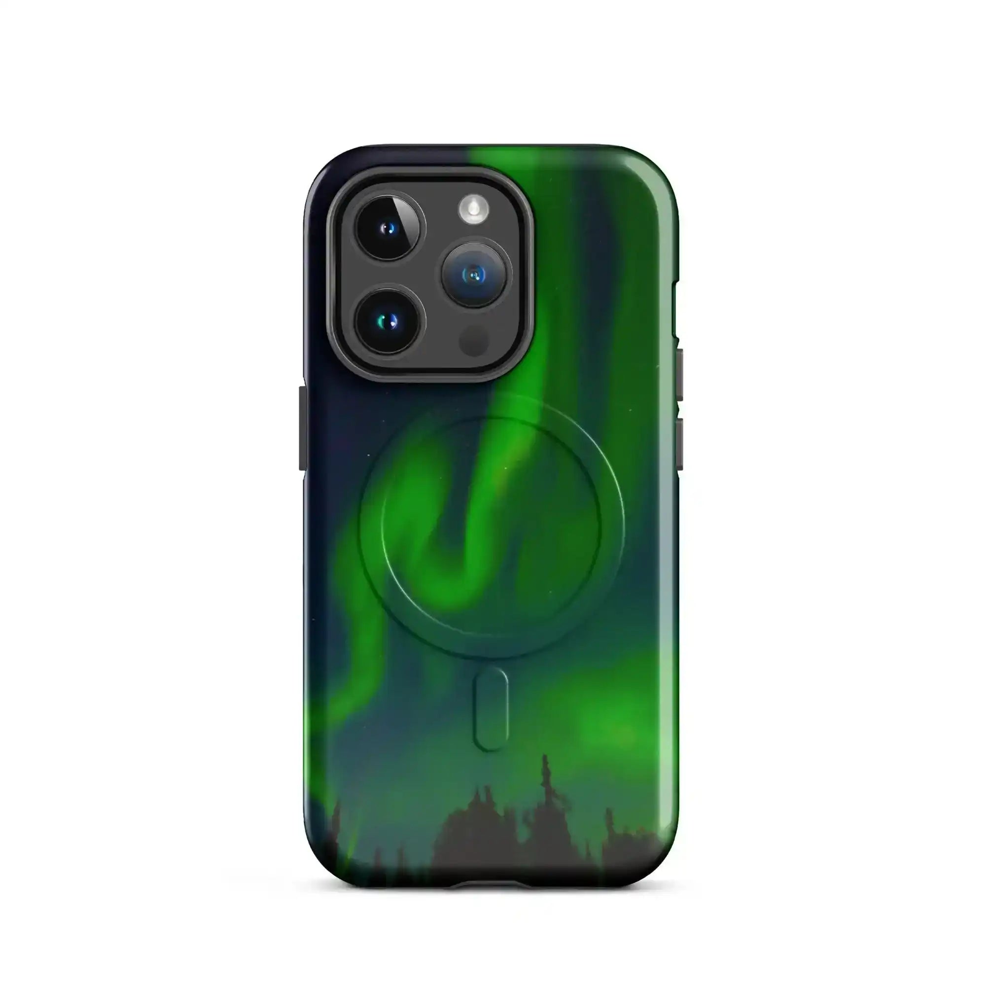 Stunning iPhone with MagSafe tough phone case featuring vibrant Northern Lights design for ultimate protection and style
