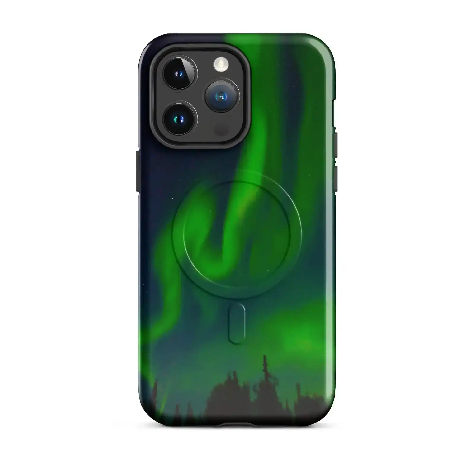 Stunning iPhone with MagSafe tough phone case featuring vibrant Northern Lights design for ultimate protection and style