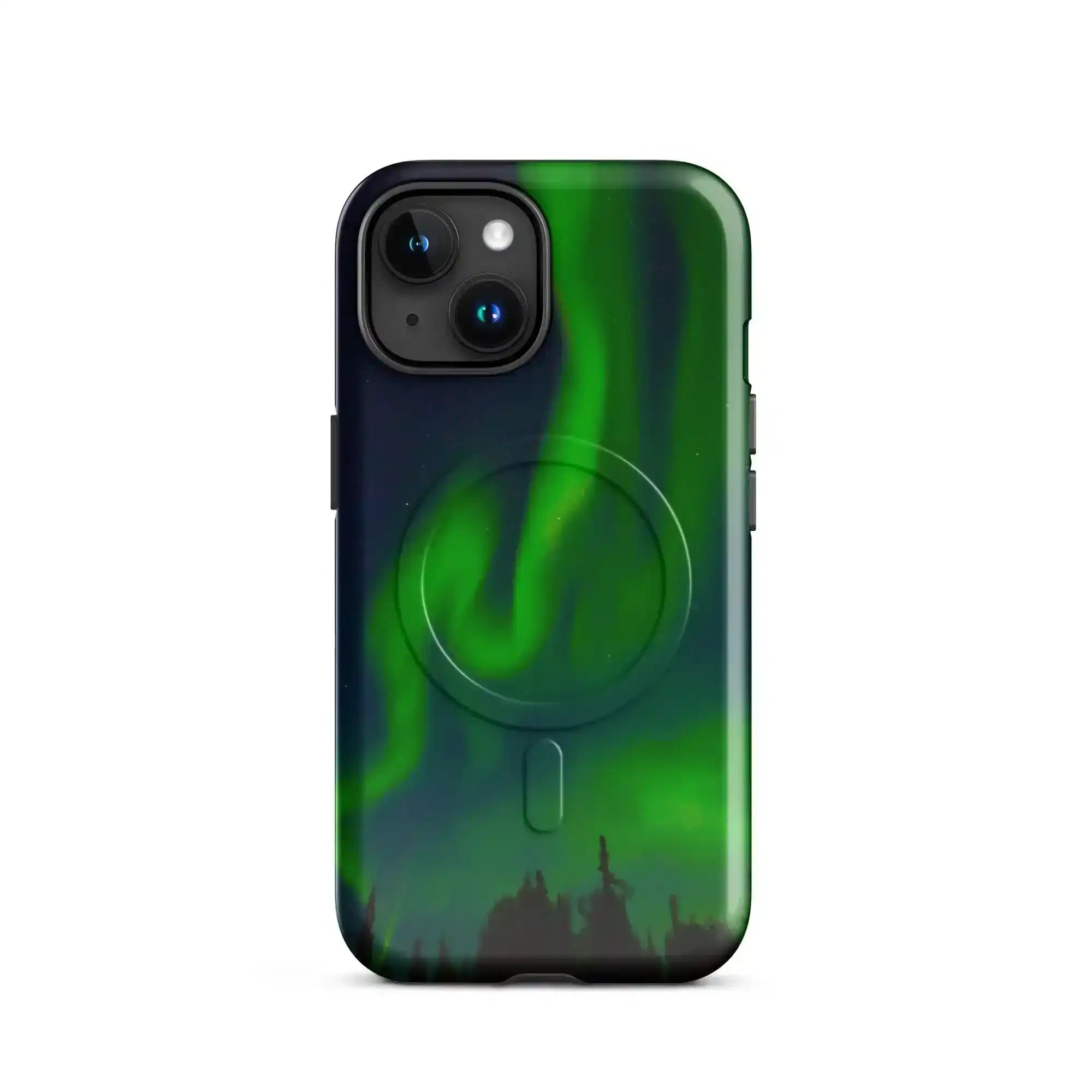 Stunning iPhone with MagSafe tough phone case featuring vibrant Northern Lights design for ultimate protection and style