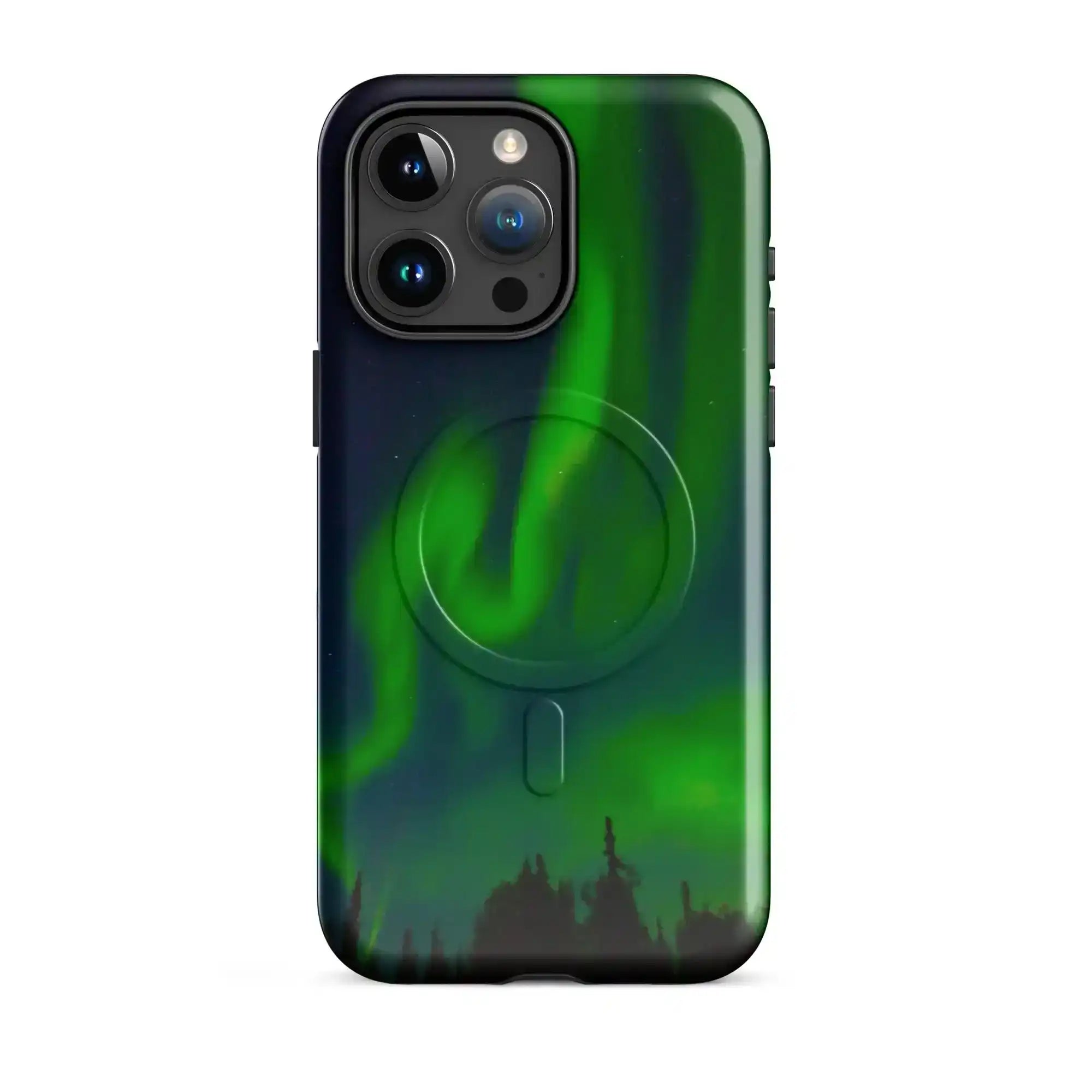 Stunning iPhone with MagSafe tough phone case featuring vibrant Northern Lights design for ultimate protection and style