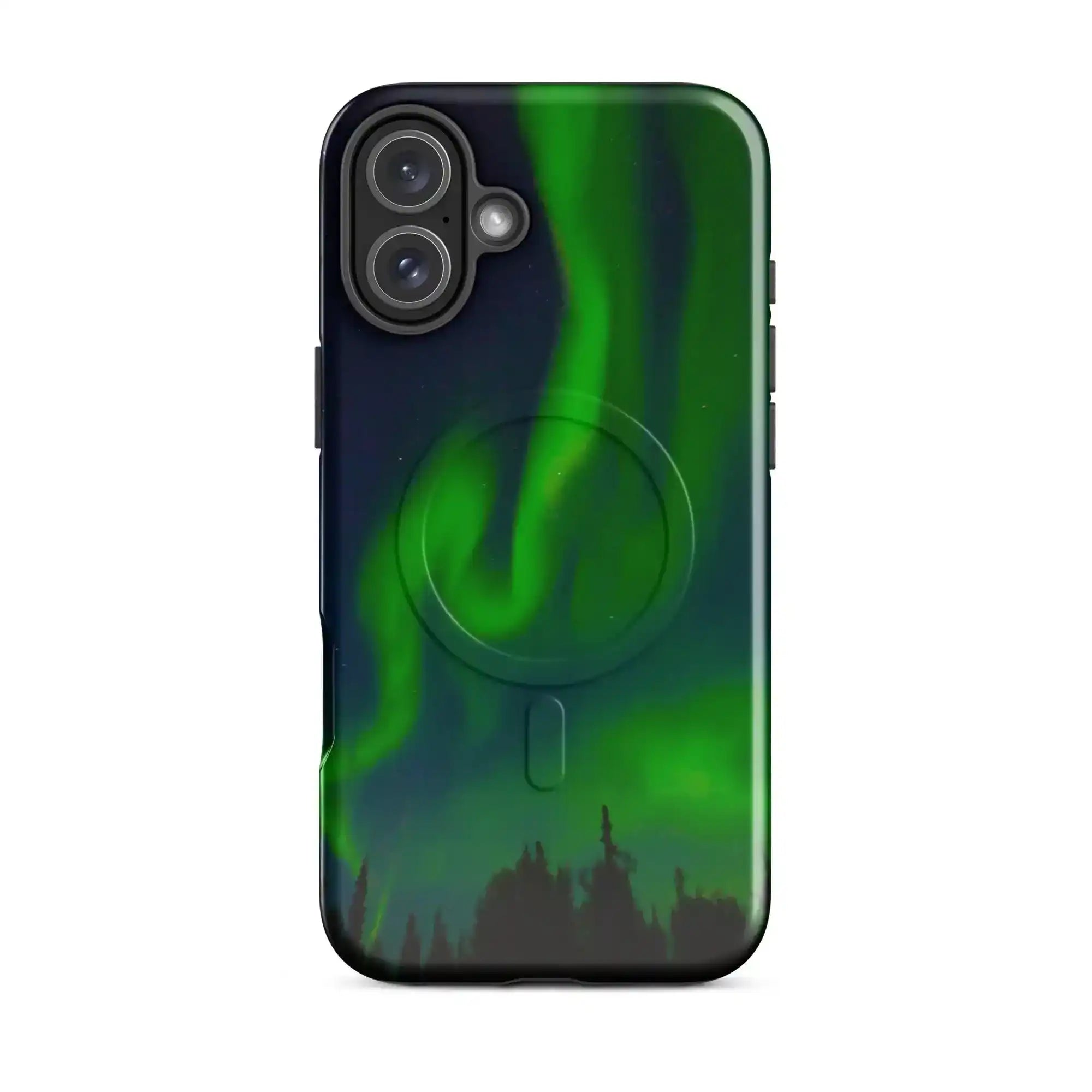 Stunning iPhone with MagSafe tough phone case featuring vibrant Northern Lights design for ultimate protection and style