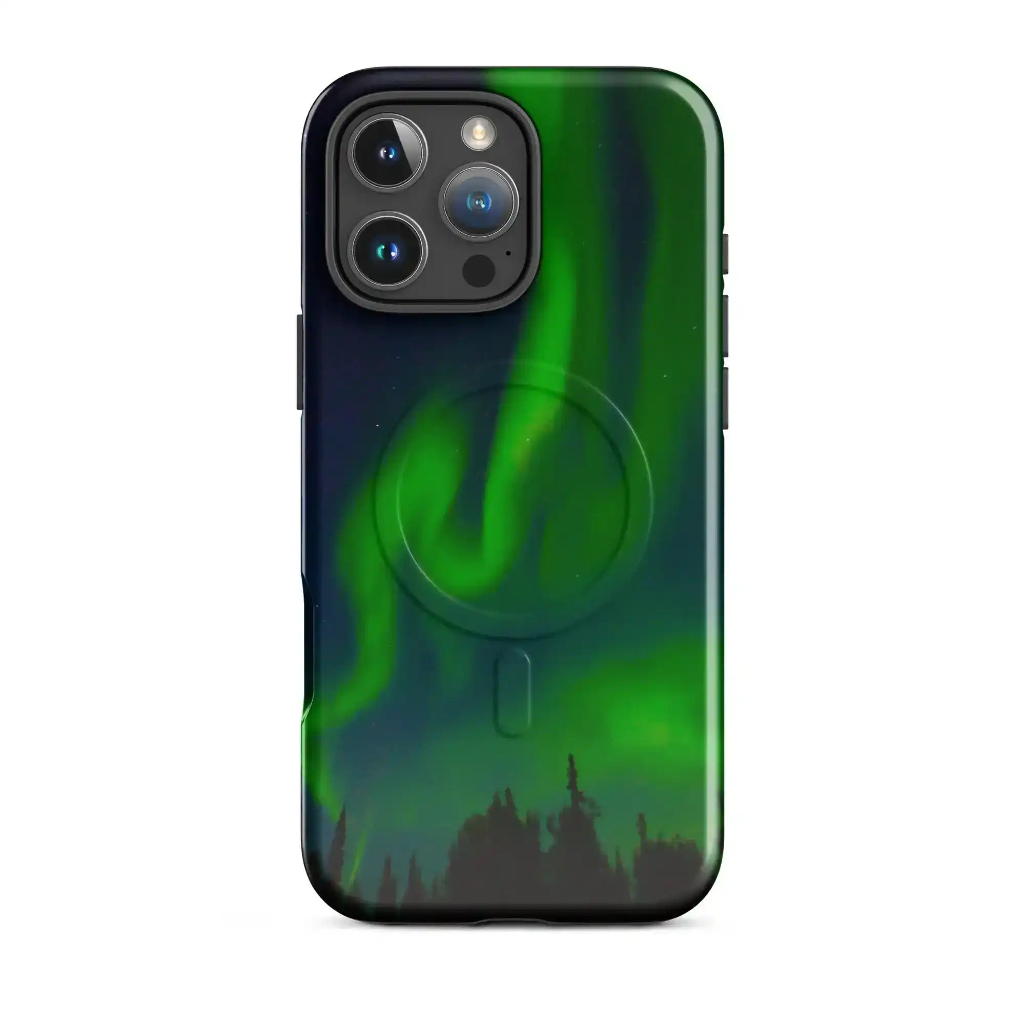 Stunning iPhone with MagSafe tough phone case featuring vibrant Northern Lights design for ultimate protection and style