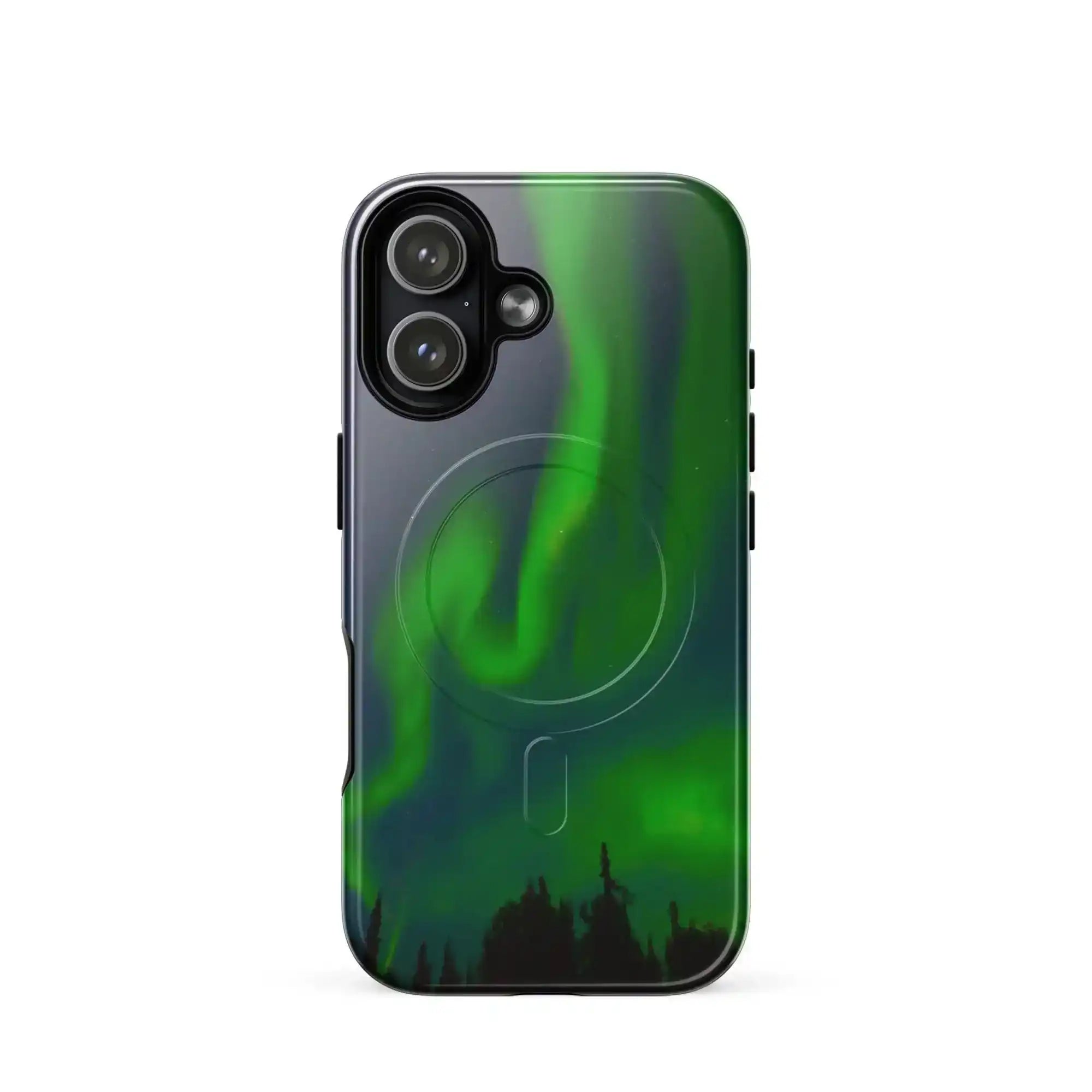 Stunning iPhone with MagSafe tough phone case featuring vibrant Northern Lights design for ultimate protection and style