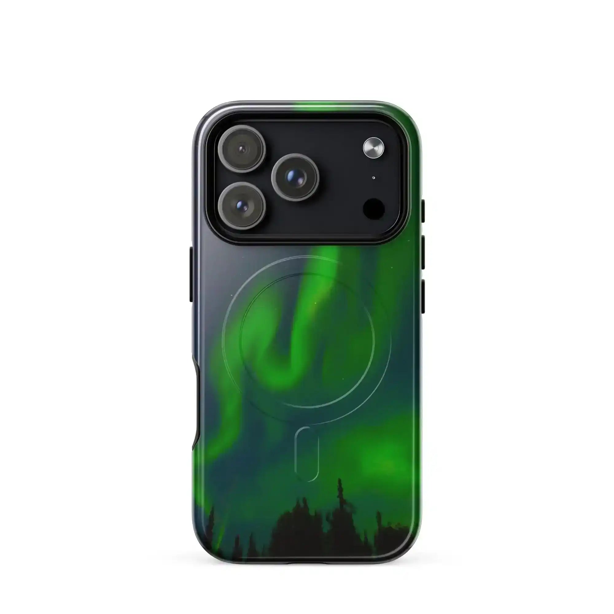 Stunning iPhone with MagSafe tough phone case featuring vibrant Northern Lights design for ultimate protection and style