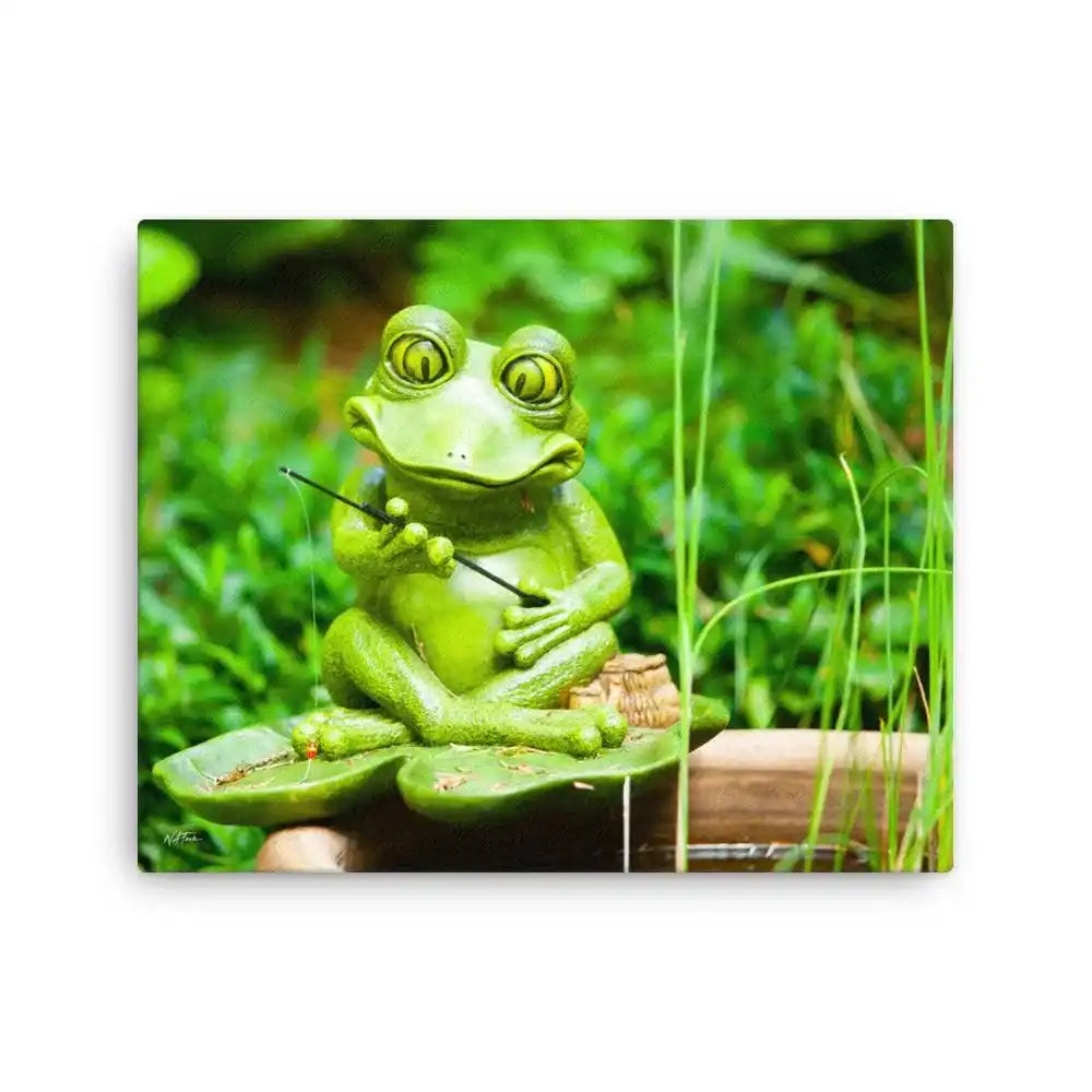 A cheerful frog holding a fishing rod by the lake, enjoying a relaxing day of fishing in nature